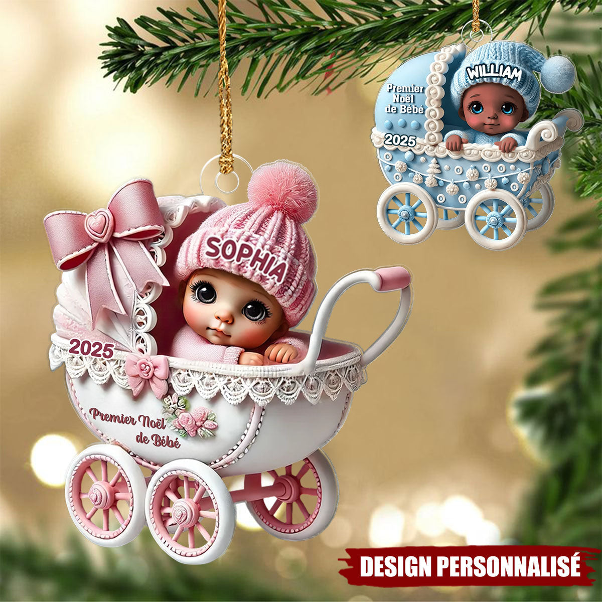 Suspension de Noël Personnalisée – Bébé nouveau-né dans un landau