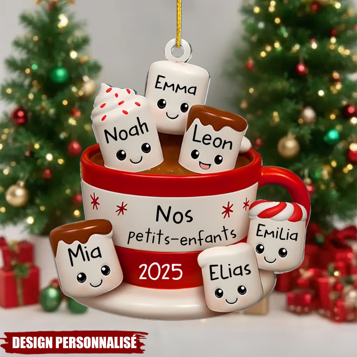 Ornement de Noël en Acrylique Personnalisé – Tasse de Chocolat Chaud avec Prénoms des Petits-Enfants