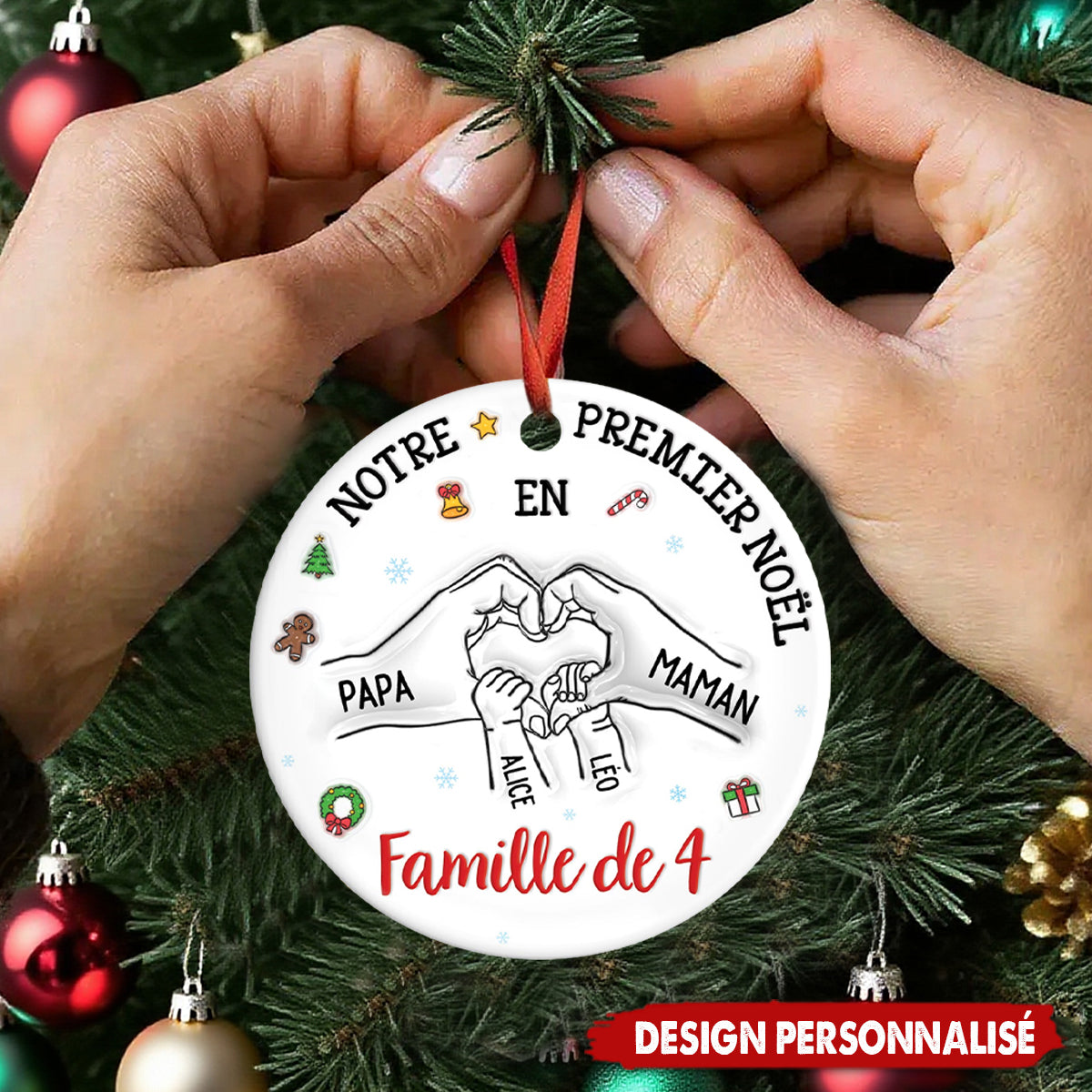 Ornement de Noël en Céramique Personnalisé – Premier Noël en Famille avec Prénoms et Date