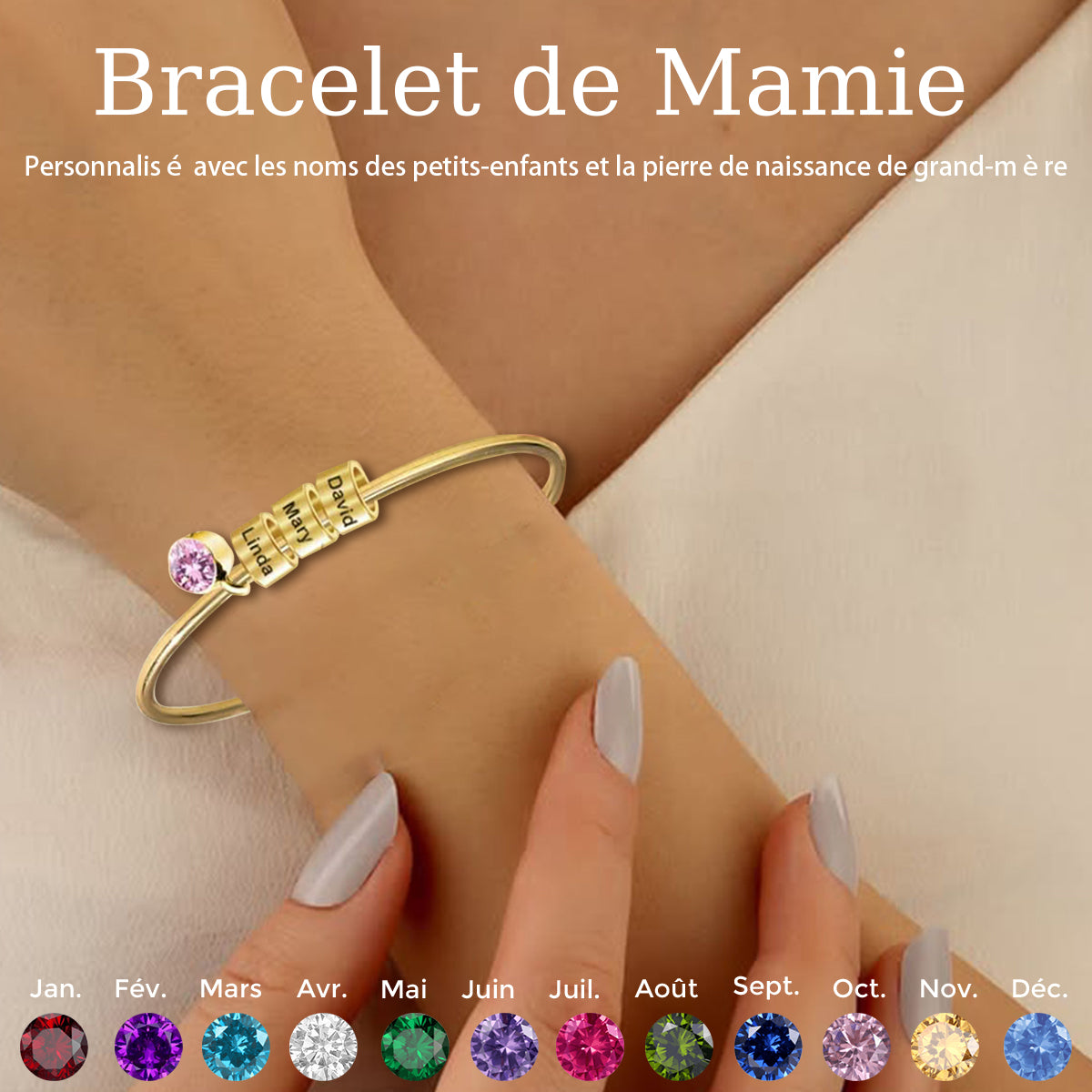 Bracelet Personnalisé pour Maman ou Mamie – Avec Prénoms et Pierre de Naissance
