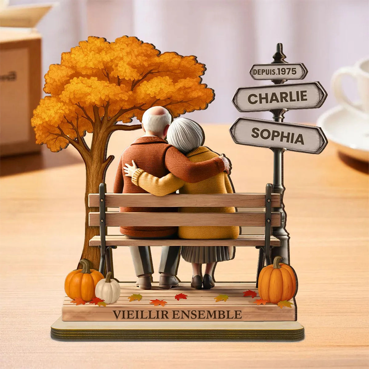 Plaque en bois personnalisée – Couple Âgé sur un Banc, Souvenir d’Amour Éternel
