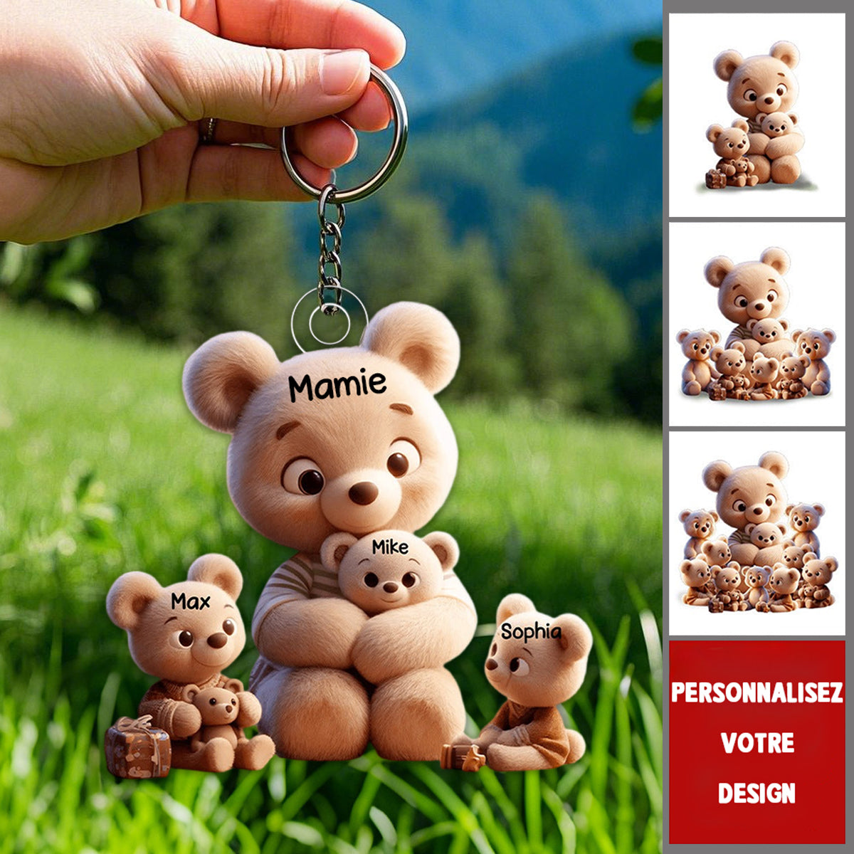 Porte-Clés Famille d’Ours Personnalisé – “Mamie et ses Petits Oursons”