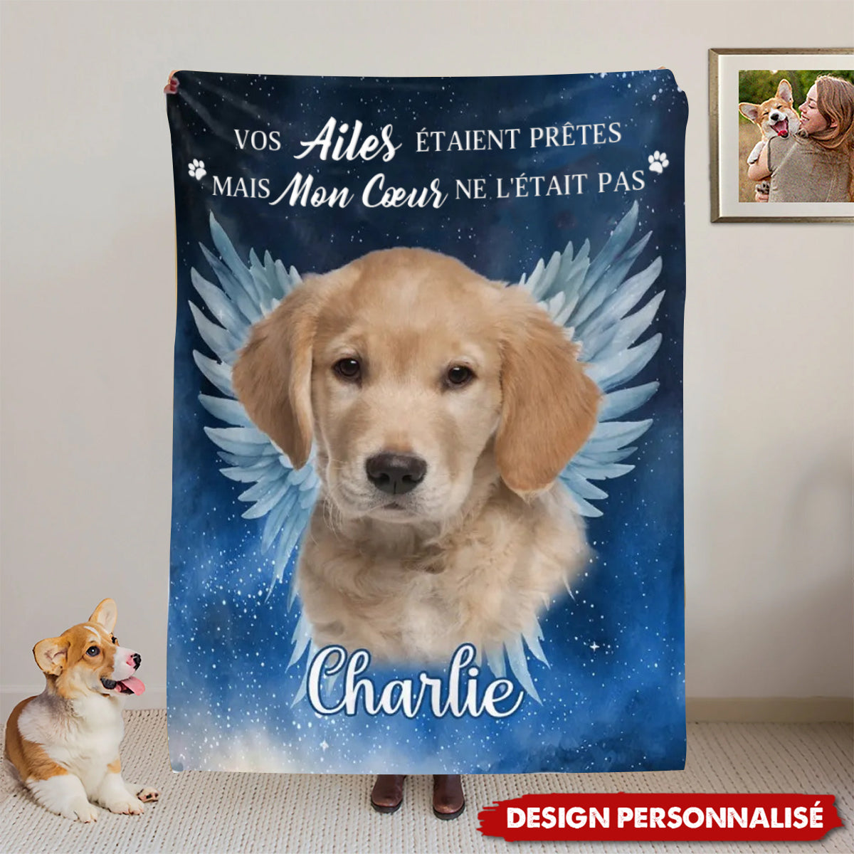 Couverture Personnalisée avec Photo d’Animal – Hommage Émotionnel avec Ailes d’Ange et Prénom