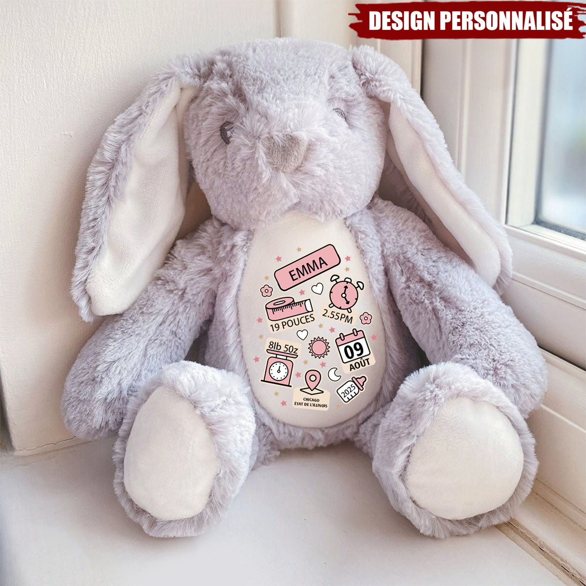 Peluche lapin personnalisée – Souvenir de naissance unique