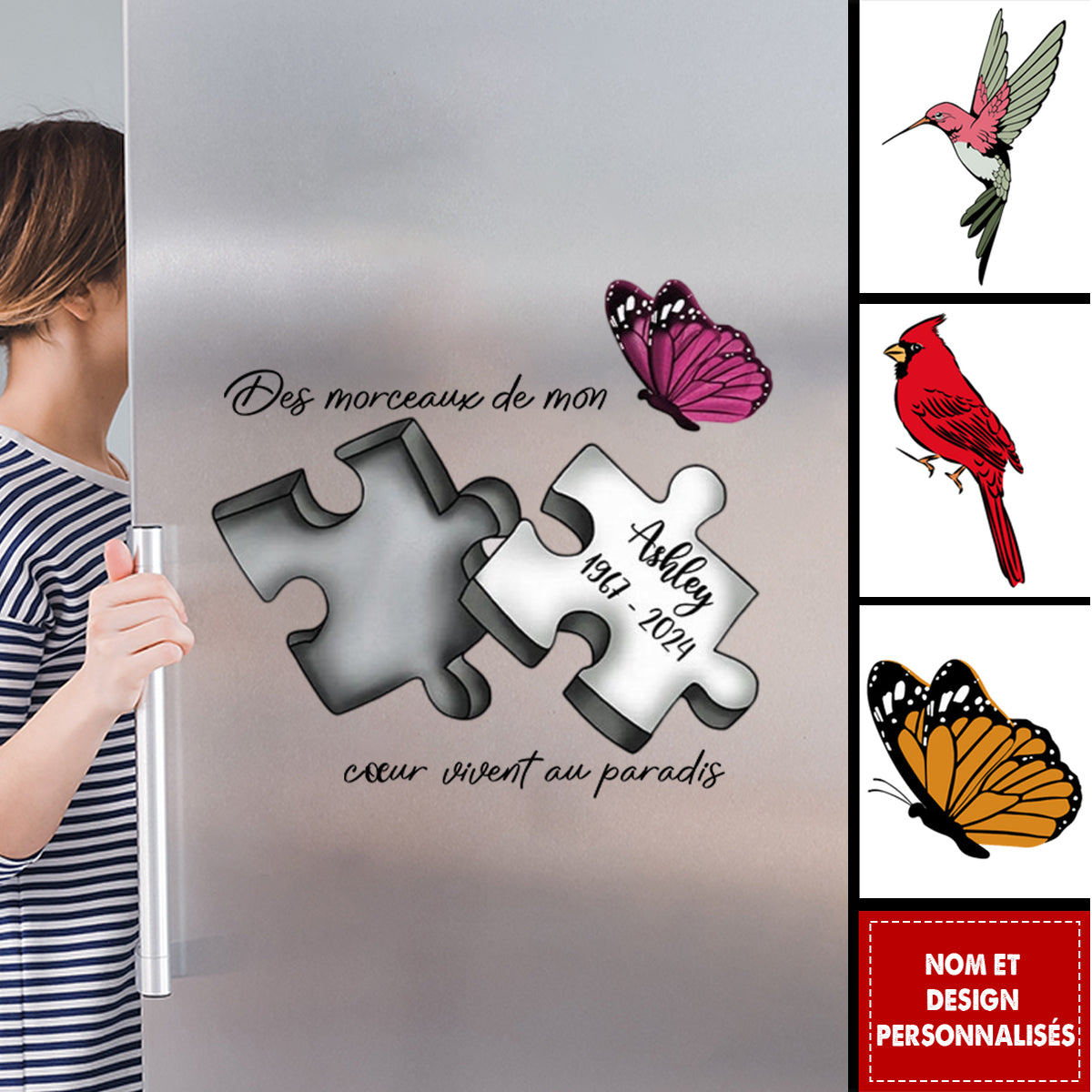Autocollant Mémoriel Personnalisé avec Papillon, Libellule et Plume du Paradis