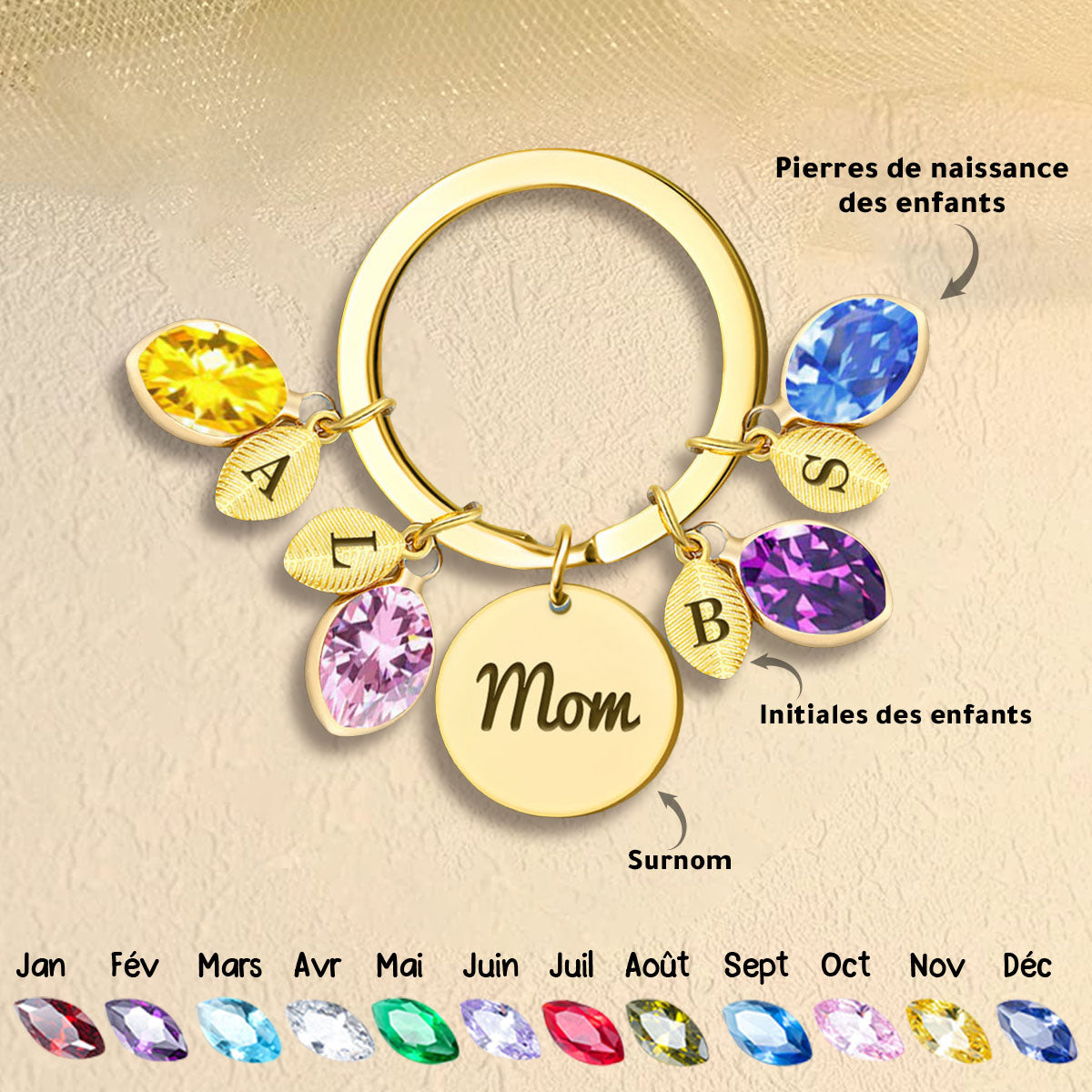 Porte-clés personnalisé pour maman avec pierres de naissance et initiales