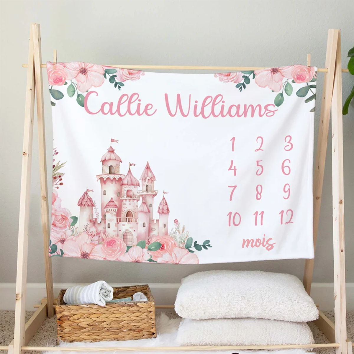 Couverture Bébé Personnalisée Douce à Motifs Floraux avec Prénom et Château
