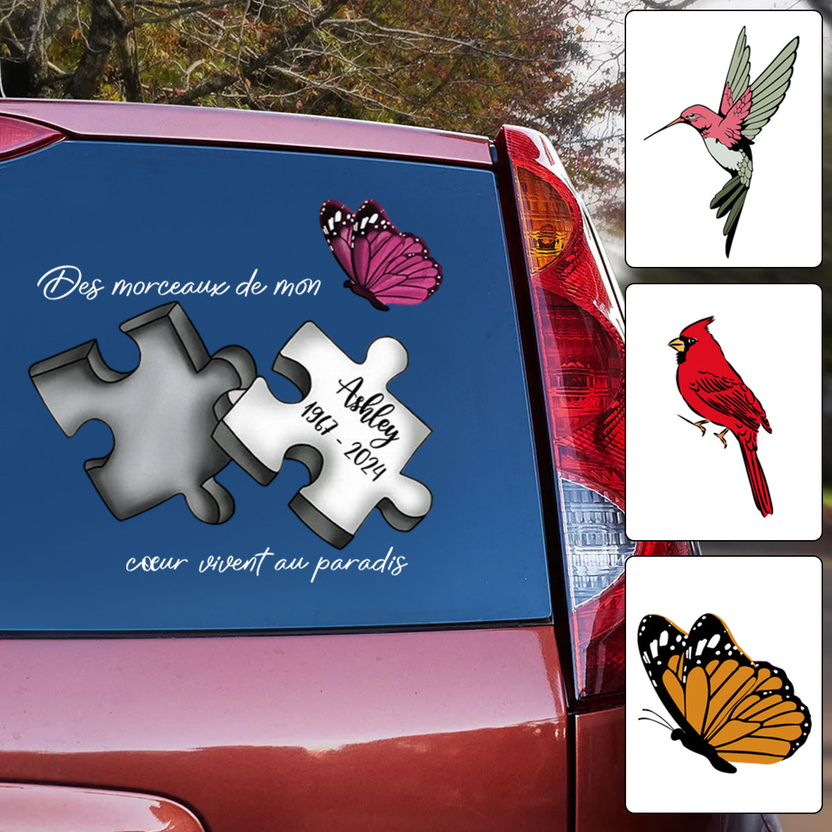 Autocollant Commémoratif Personnalisé pour Voiture – Pièce de Puzzle avec Nom, Dates et Papillon