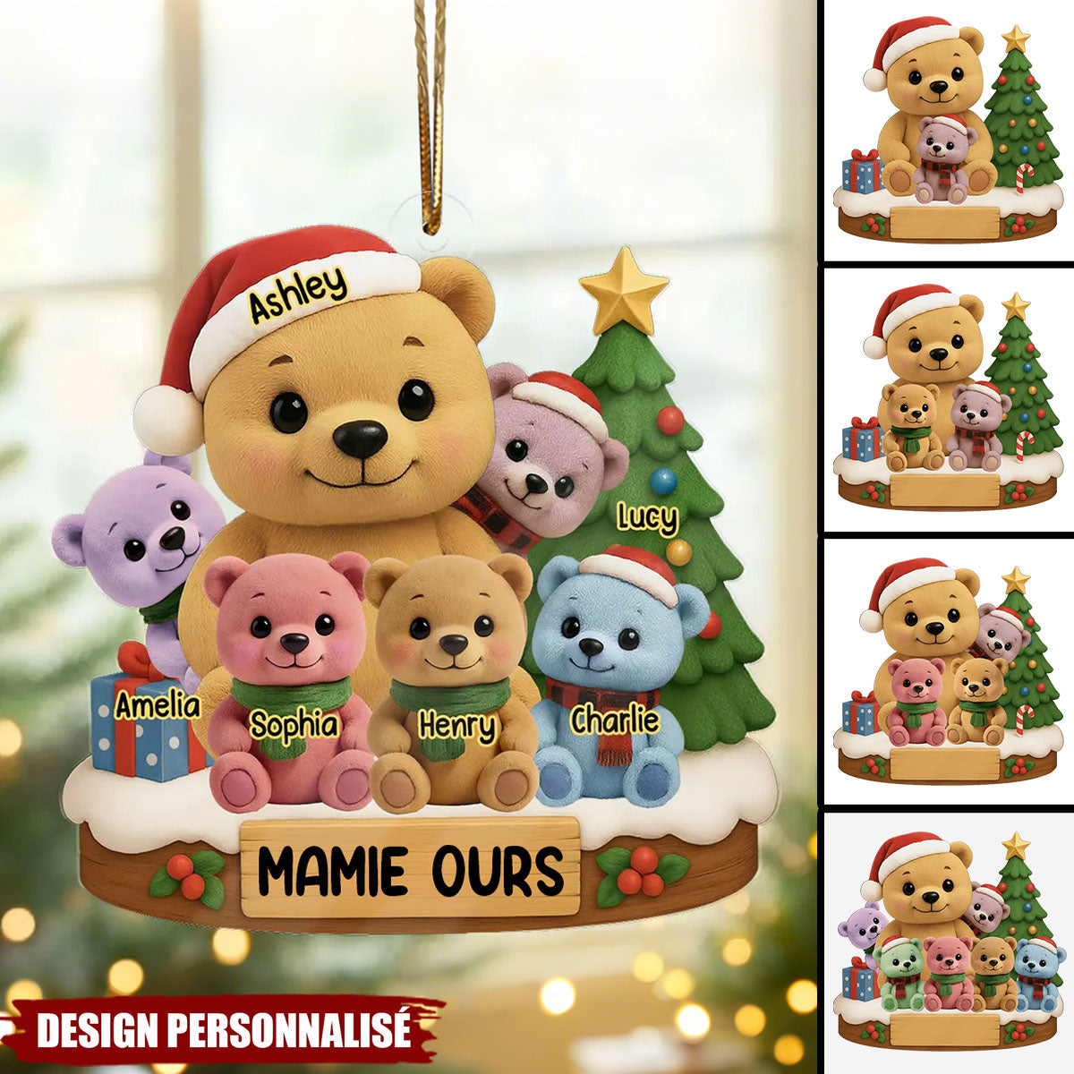 Ornement de Noël Personnalisé en Acrylique – Famille d’Ours avec Prénoms et Sapin