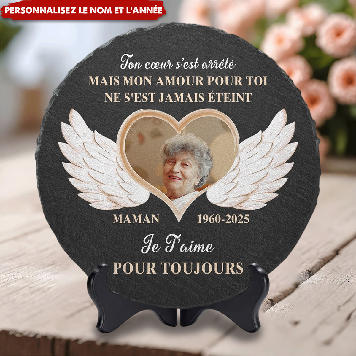 Pierre Commémorative Personnalisée avec Ailes d'Ange – Hommage Éternel à un Être Cher