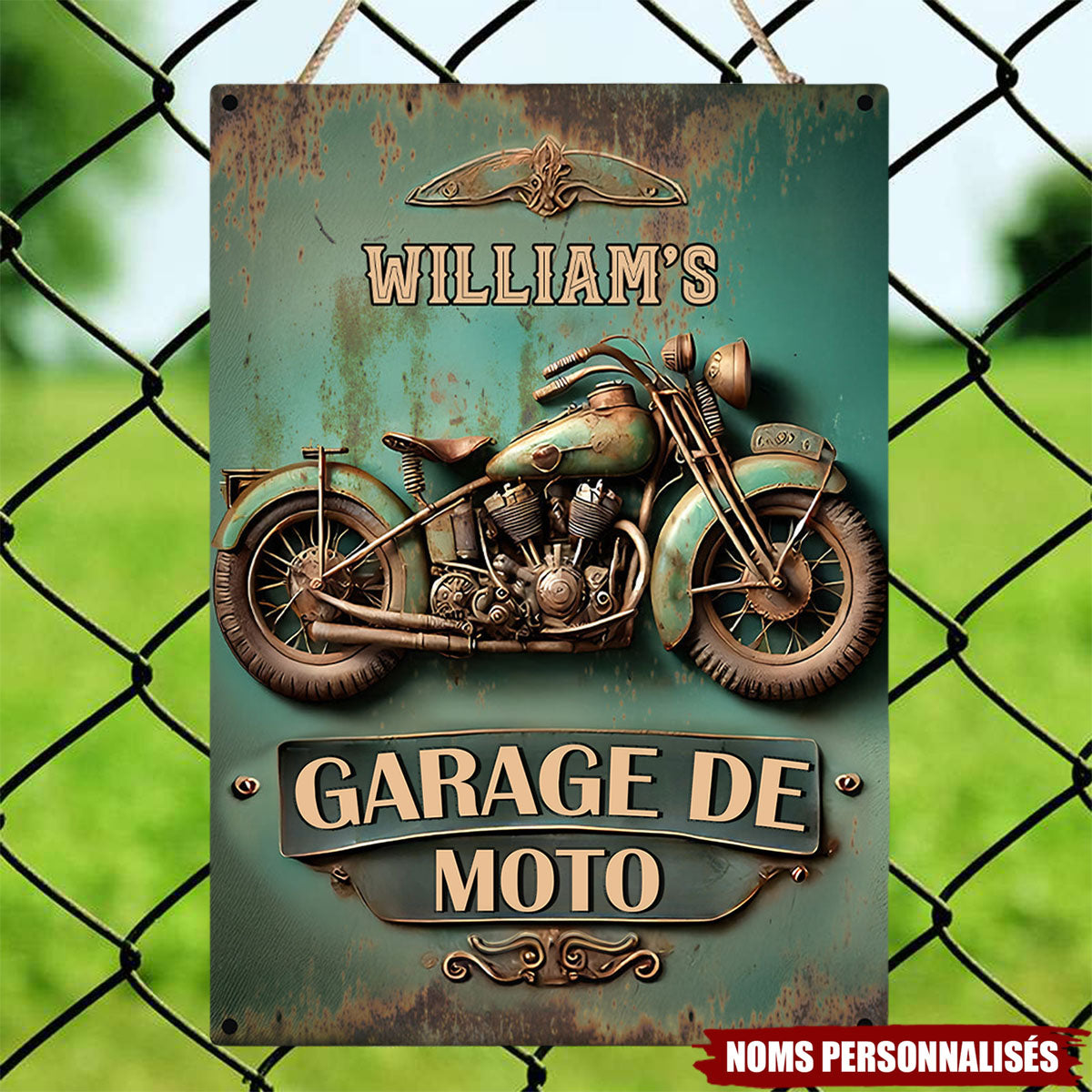 Plaque Garage Moto Personnalisée – Style Vintage avec Nom et Moto Rétro