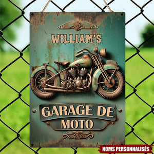 Plaque Garage Moto Personnalisée – Style Vintage avec Nom et Moto Rétro