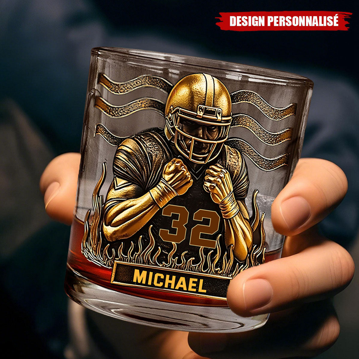 Verre à Whisky Personnalisé – Joueur de Football Américain avec Nom et Numéro Gravés