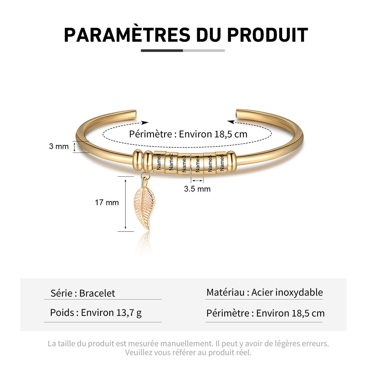 Bracelet Personnalisé en Acier Inoxydable avec Breloque Feuille et Noms Gravés