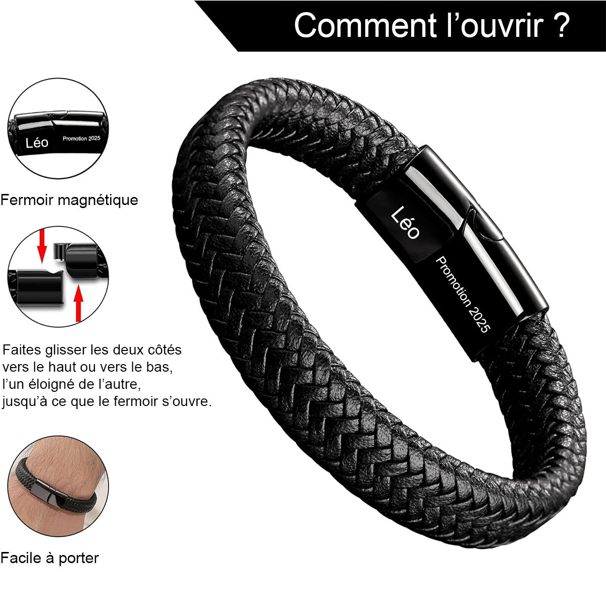 Bracelet en Cuir Personnalisé pour Homme – Cadeaux pour la fête des pères, un anniversaire ou une remise de diplôme