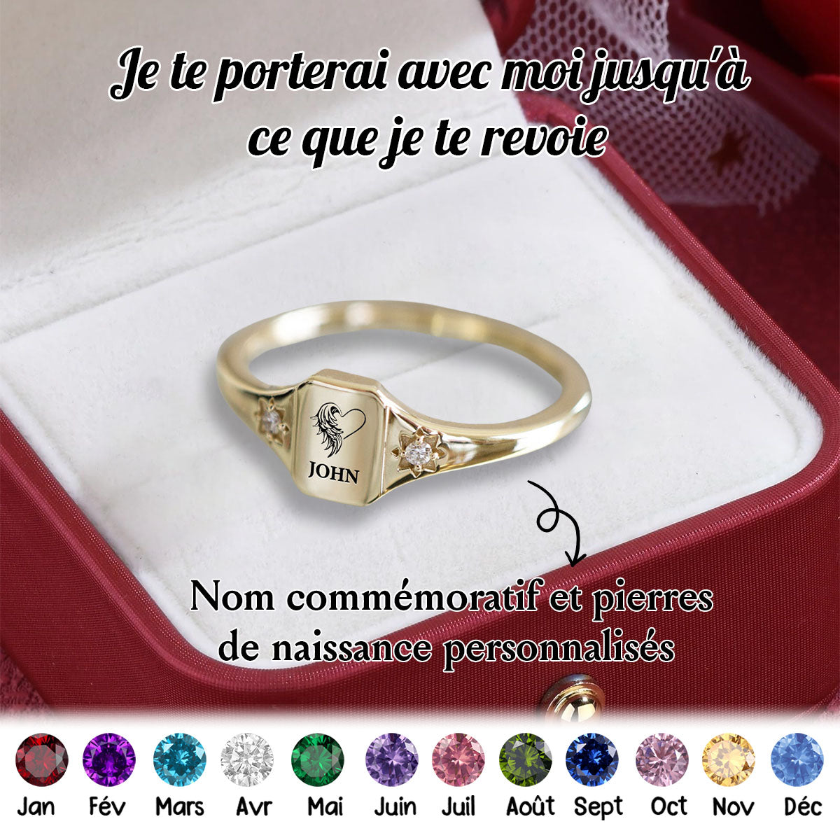 En mémoire de l’être aimé – Bague personnalisée avec nom et pierre de naissance en forme d’ailes