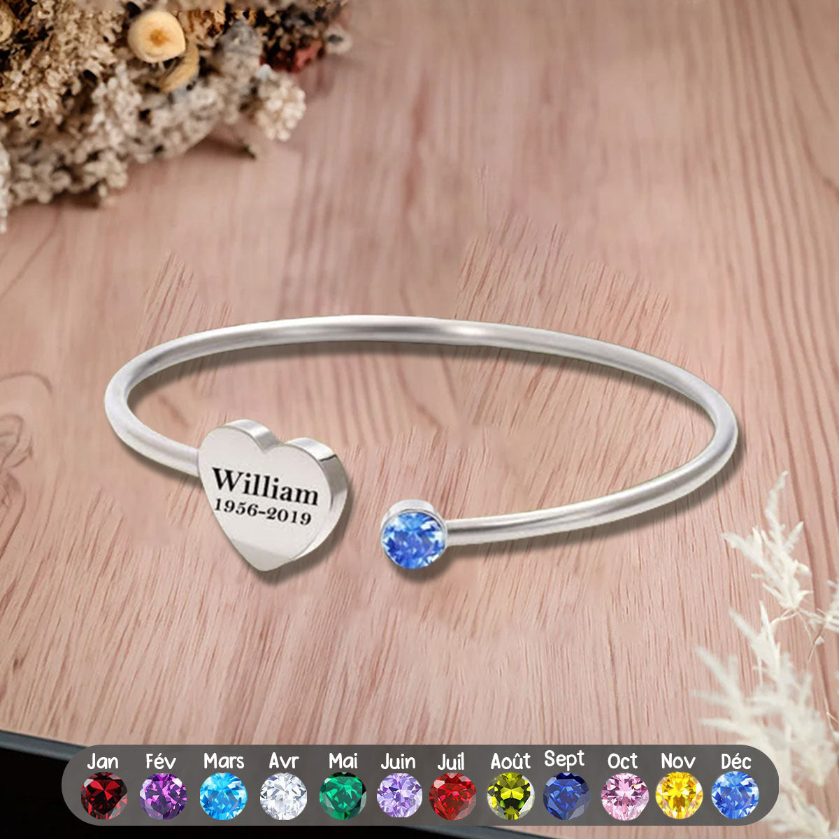 Bracelet Cœur avec Pierre de Naissance et Texte Commémoratif Personnalisé