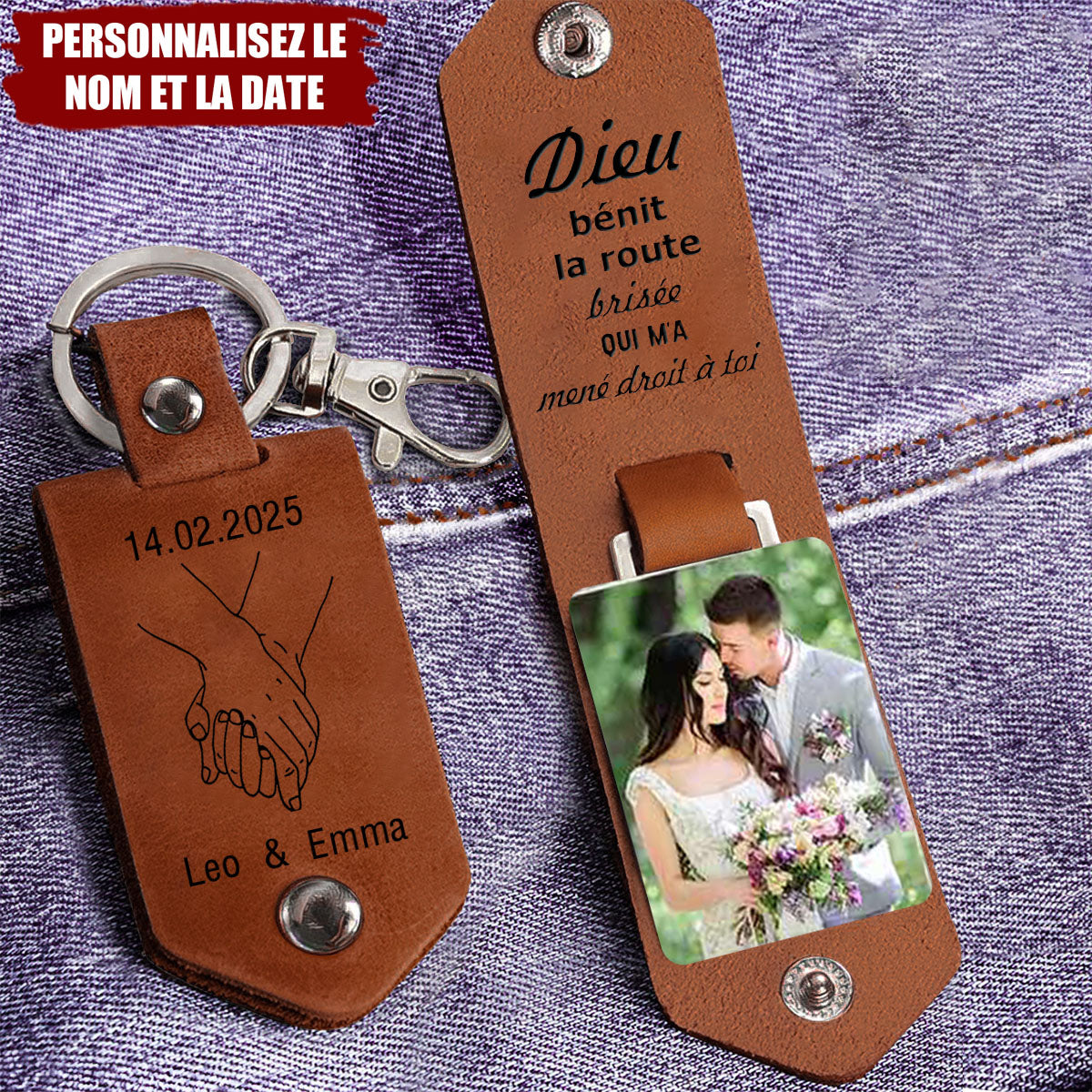 Porte-clés Personnalisé en Cuir avec Photo et Prénoms – Cadeau Romantique pour Couple