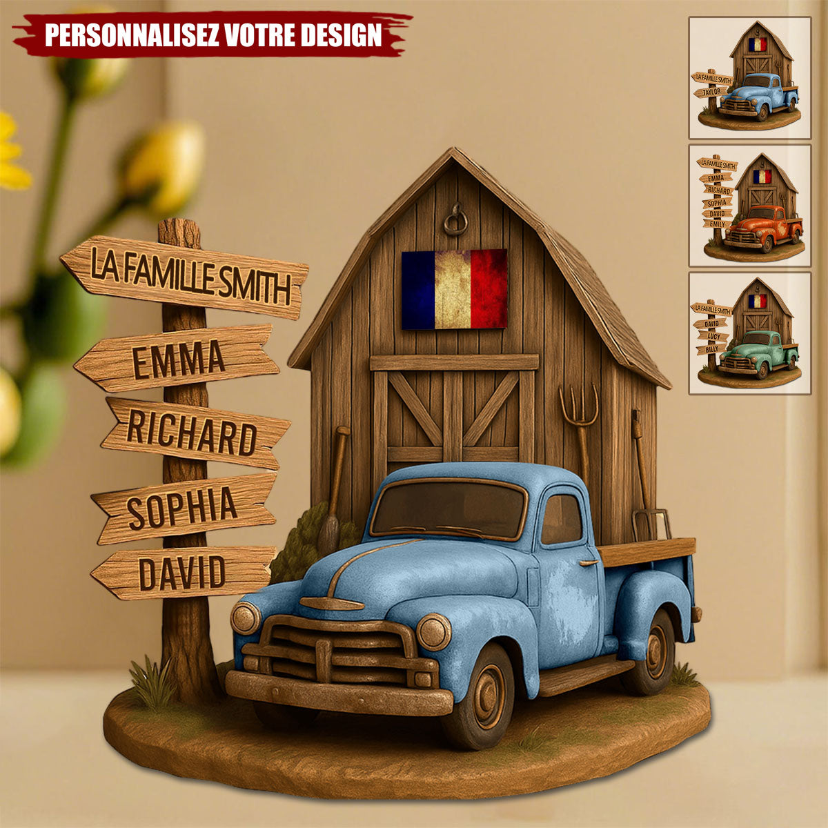 Ferme Familiale Personnalisée avec Camionnette Vintage – Cadeau Unique pour Famille