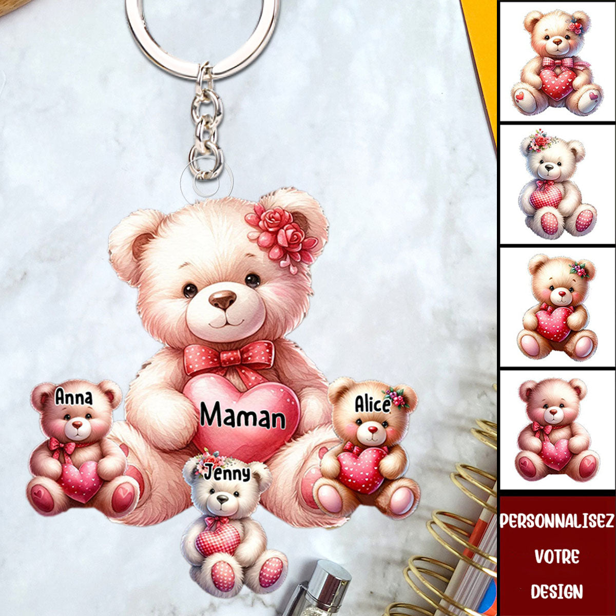 Porte-clés Ours Personnalisé avec Prénoms – Cadeau Tendre pour Maman