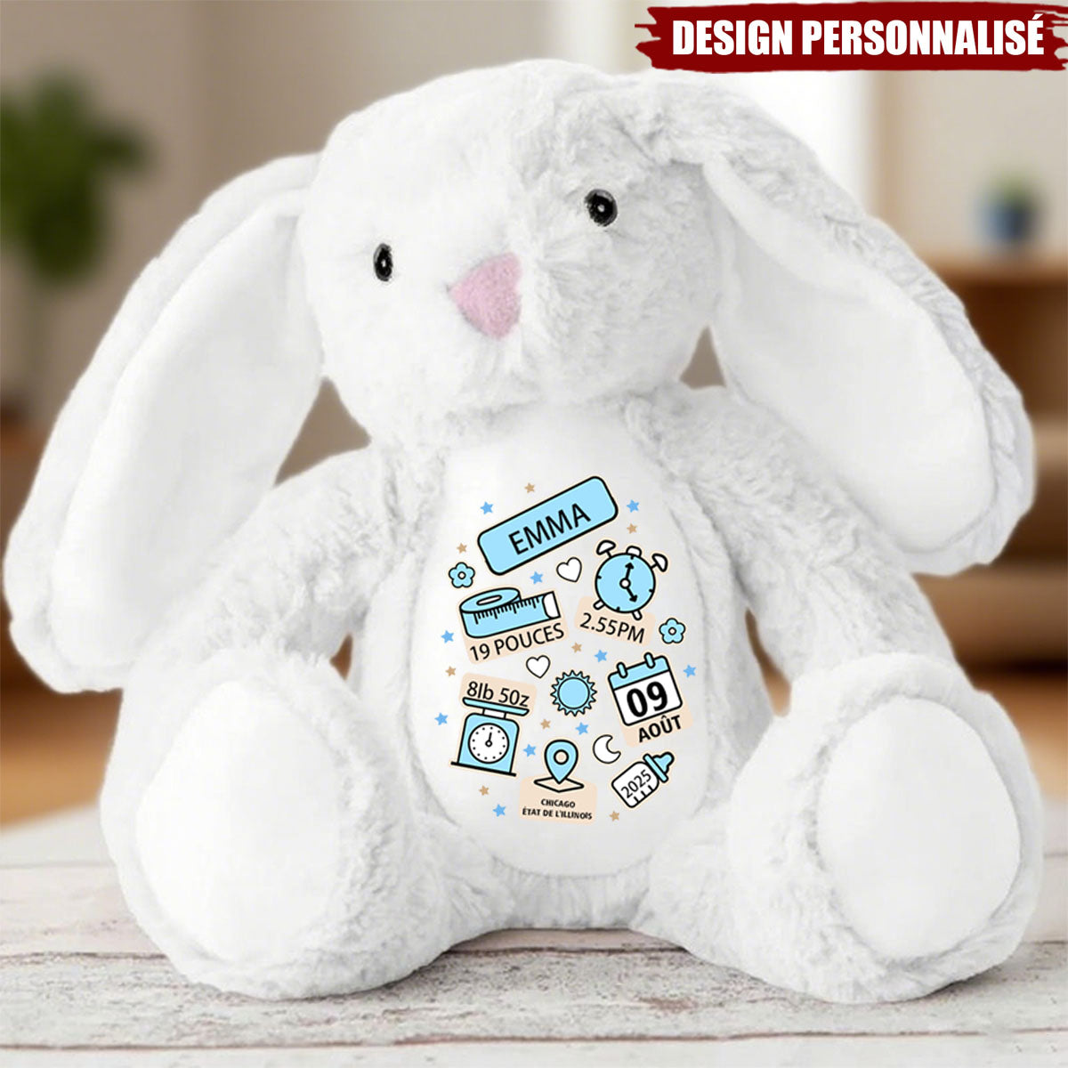 Peluche lapin personnalisée – Souvenir de naissance unique