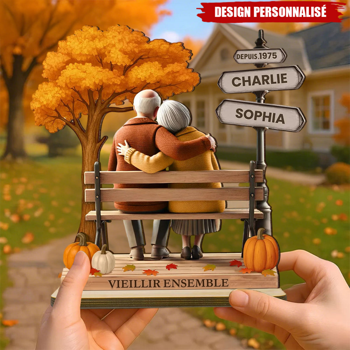 Plaque en bois personnalisée – Couple Âgé sur un Banc, Souvenir d’Amour Éternel