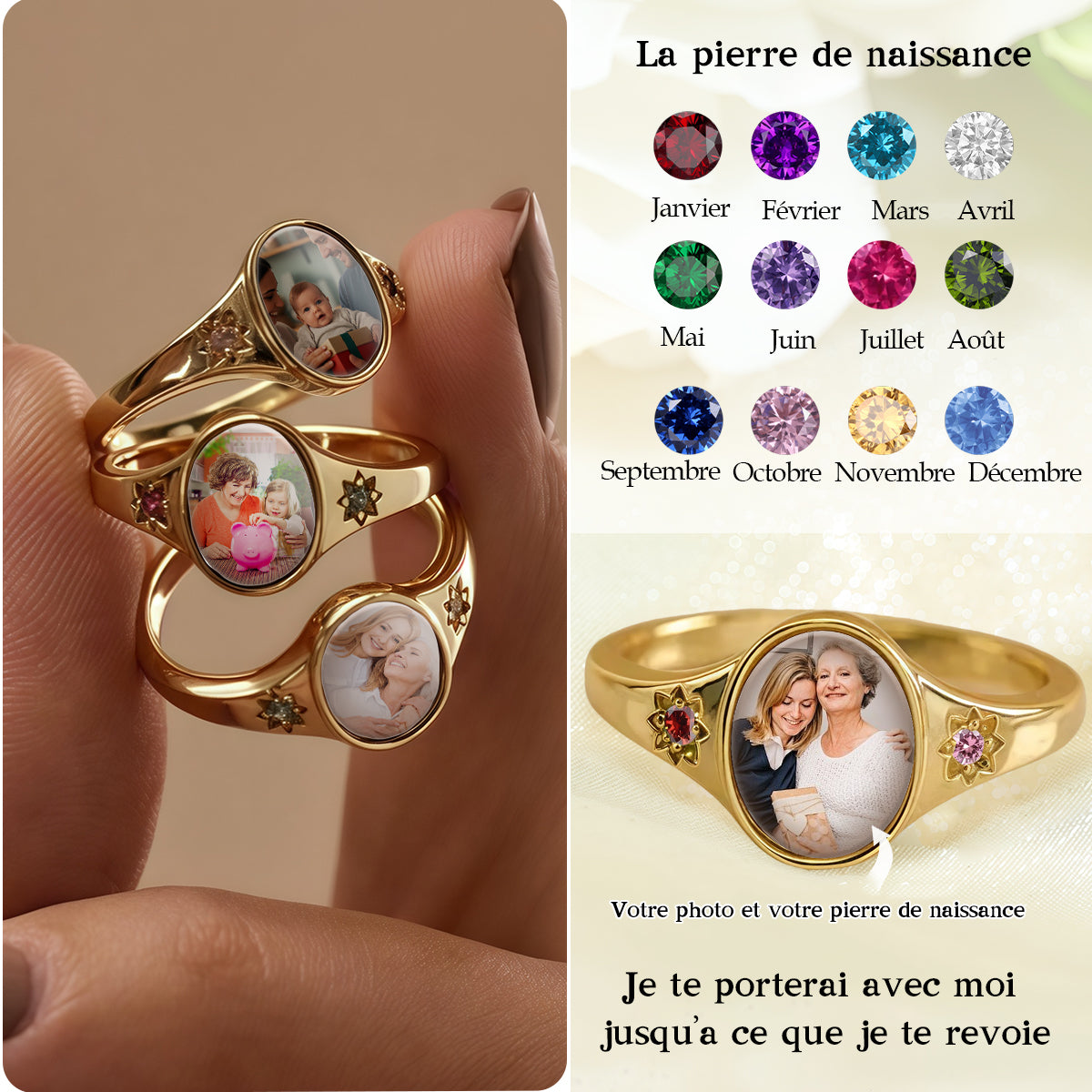Bague personnalisée avec photo et pierre de naissance – Bijou souvenir gravé et personnalisé