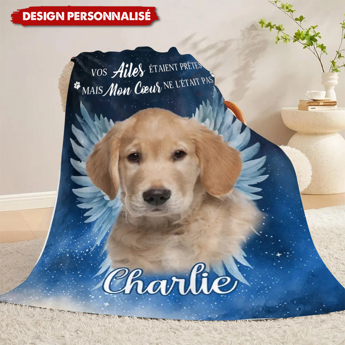 Couverture Personnalisée avec Photo d’Animal – Hommage Émotionnel avec Ailes d’Ange et Prénom