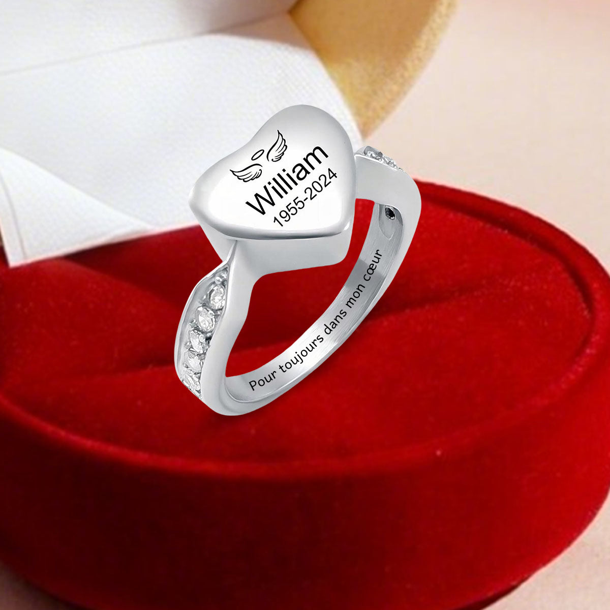Bague commémorative en acier inoxydable personnalisée avec urne en forme de cœur