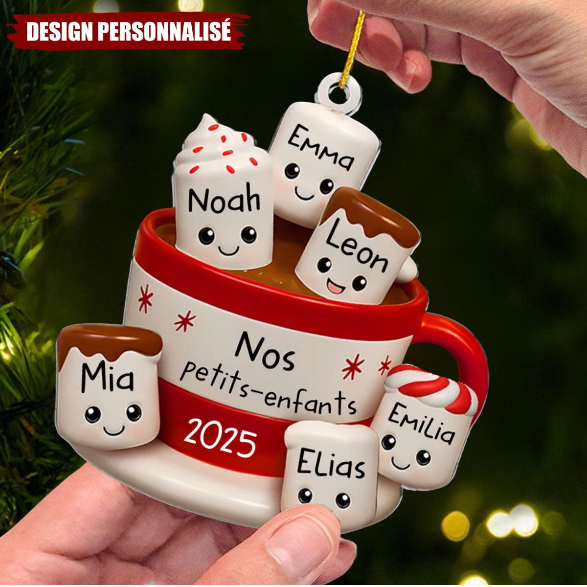 Ornement de Noël en Acrylique Personnalisé – Tasse de Chocolat Chaud avec Prénoms des Petits-Enfants