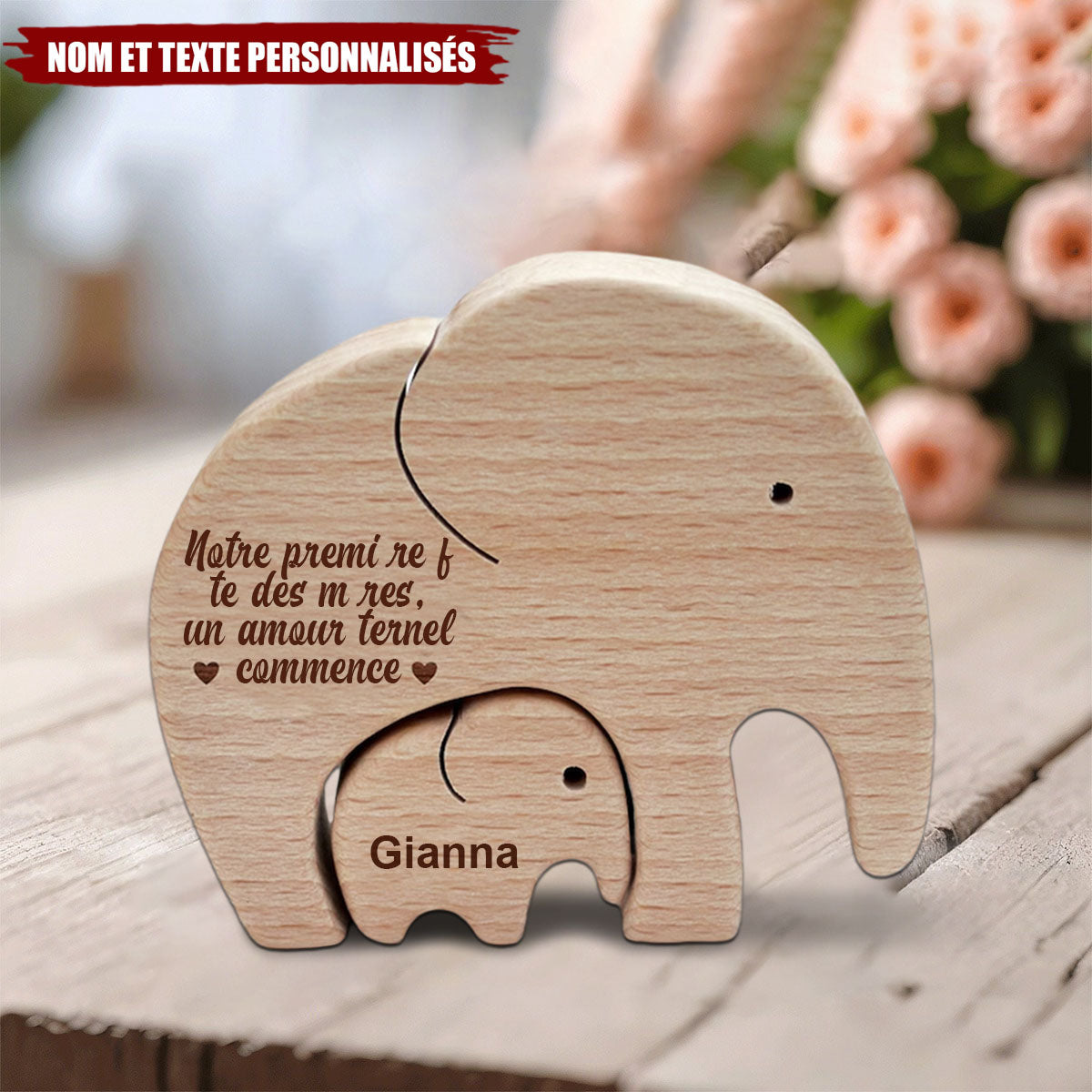 Éléphants en bois personnalisés – Maman et bébé, cadeau pour une première fête des mères
