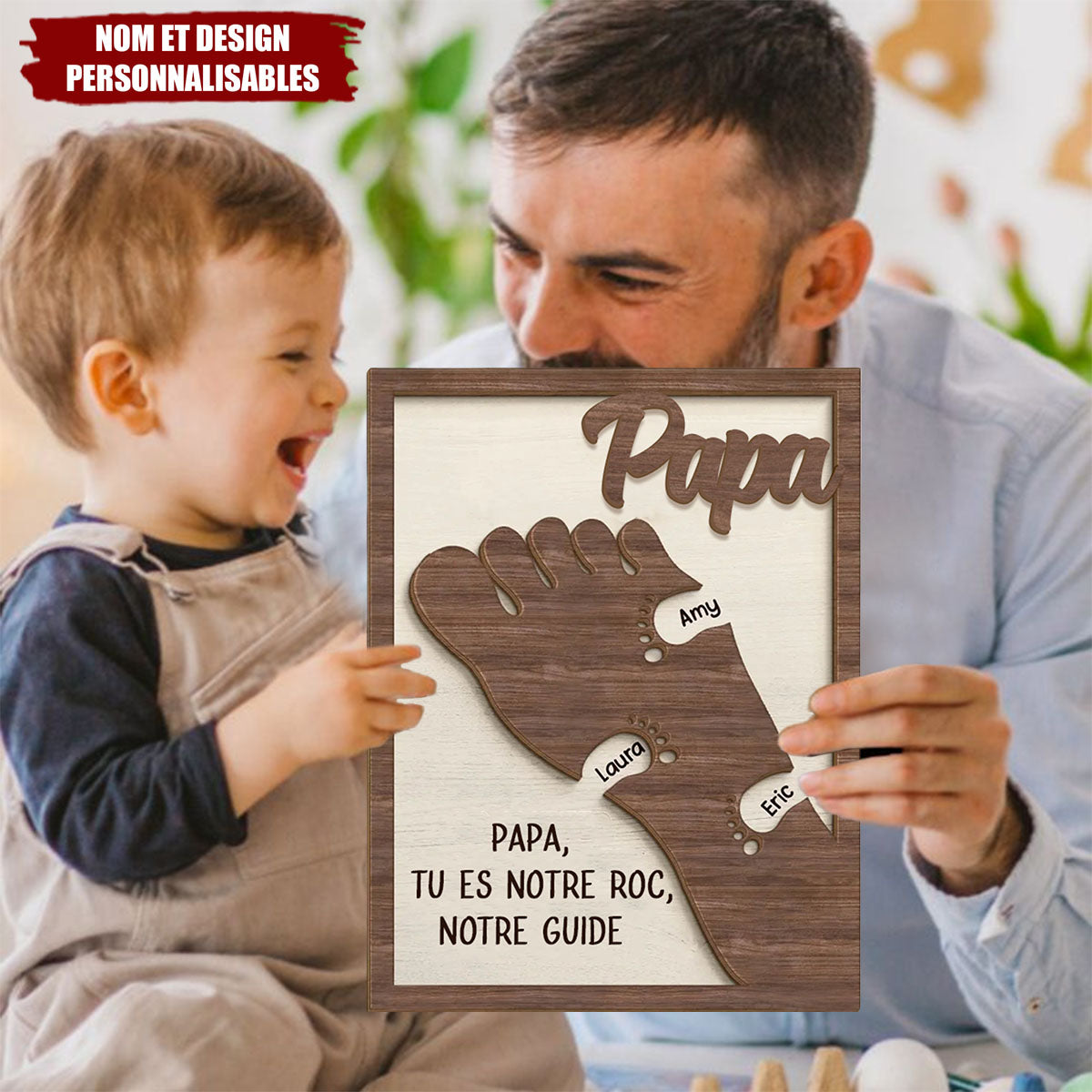 Empreinte de Papa – Panneau en Bois Personnalisé à 2 Couches avec Support – Famille