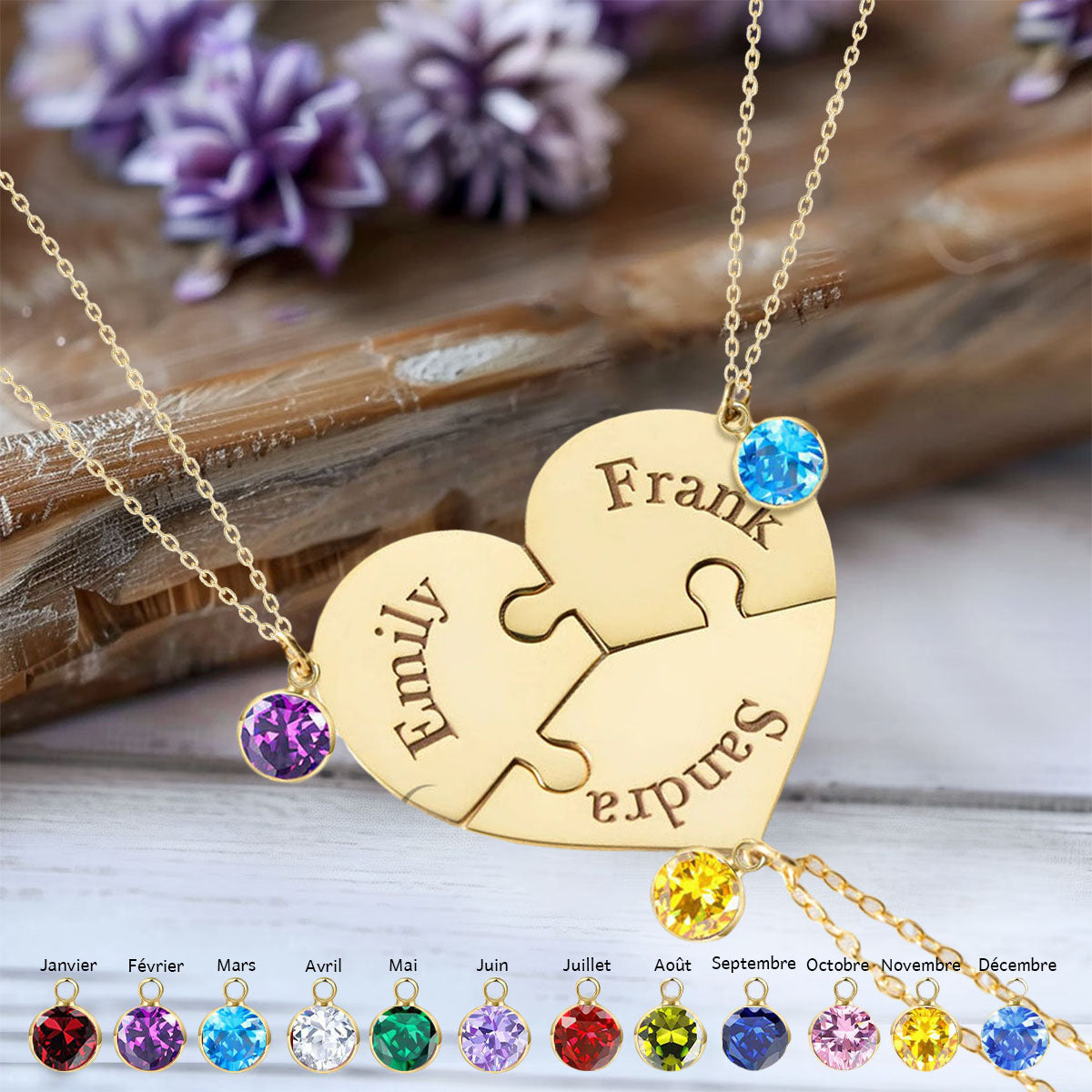 Collier Cœur Puzzle avec Pierres de Naissance et Noms Personnalisés – Cadeau pour la Fête des Mères