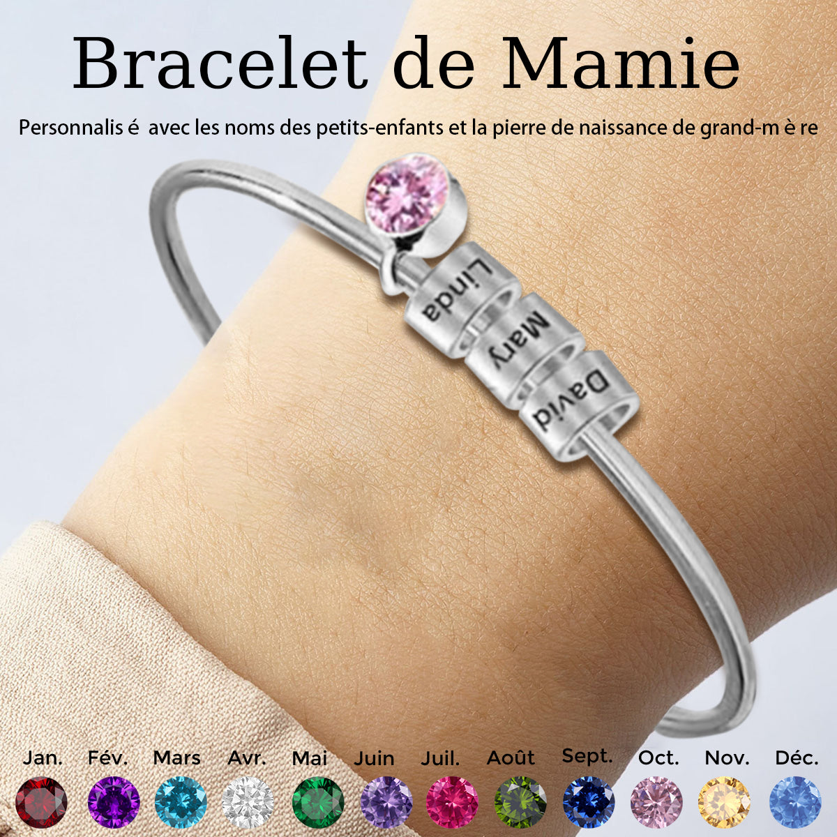 Bracelet Personnalisé pour Maman ou Mamie – Avec Prénoms et Pierre de Naissance