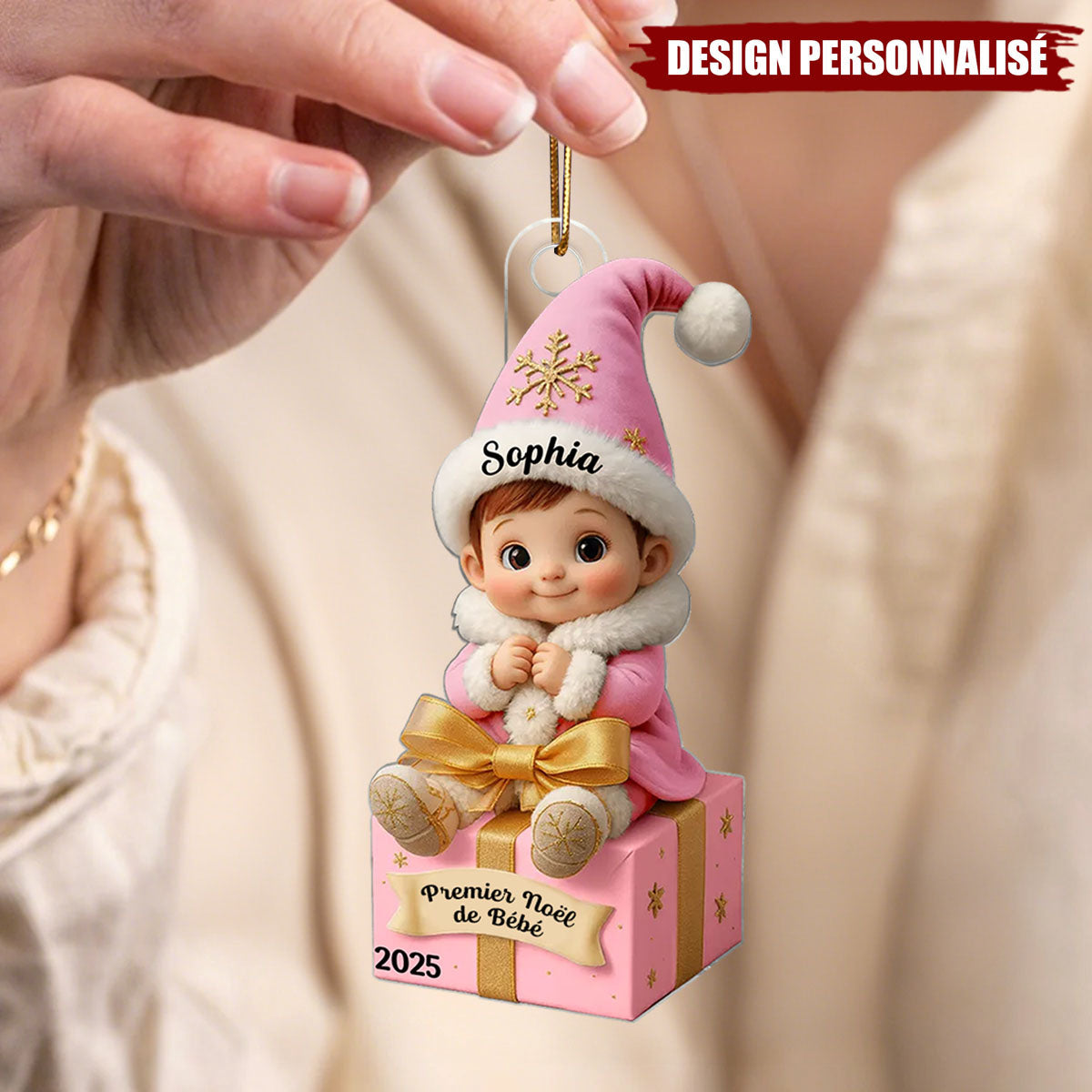 Ornement Acrylique Personnalisé – Premier Noël de Bébé avec Prénom et Date