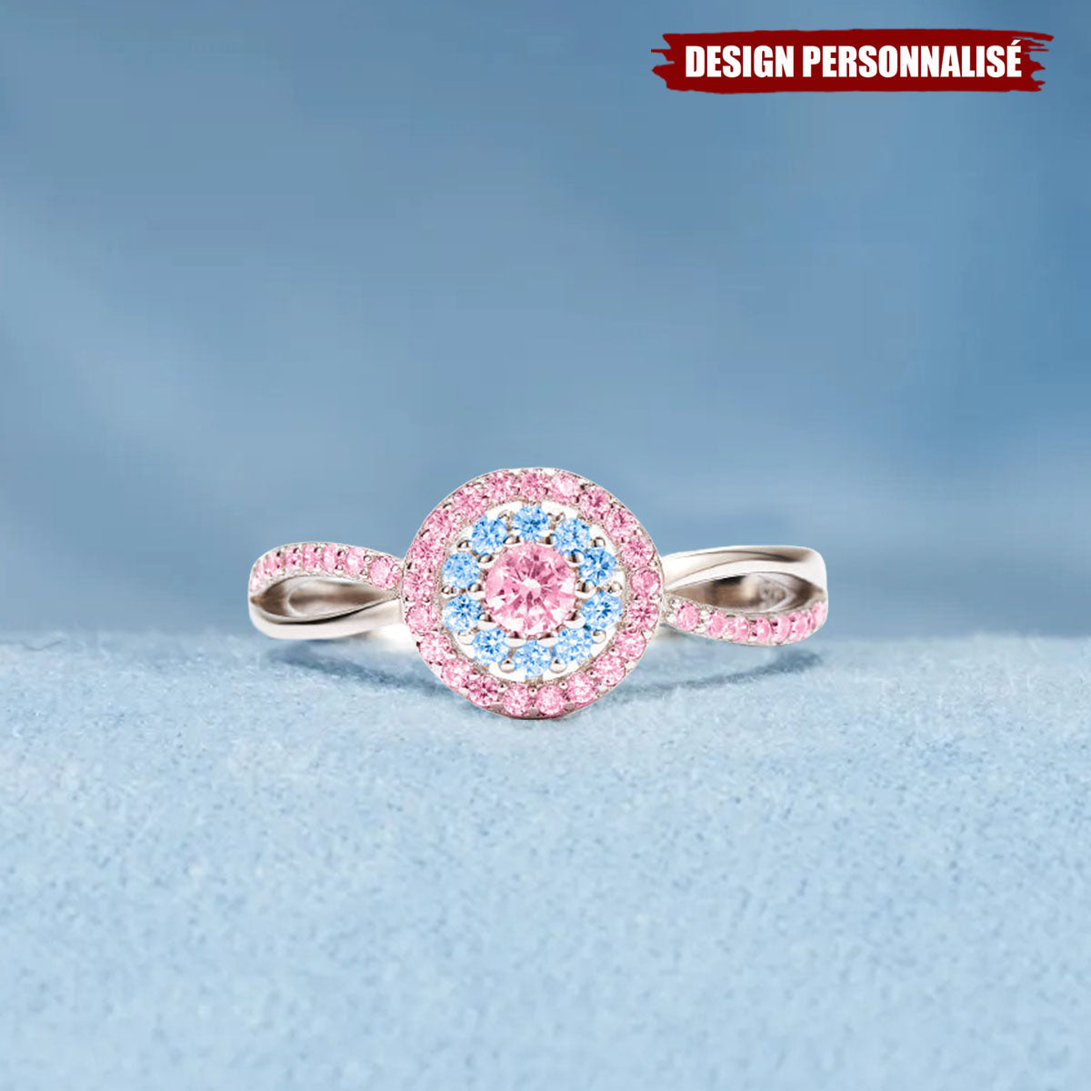 Bague "Maman d’un Ange" – Design Personnalisé avec Pierres Roses et Bleues