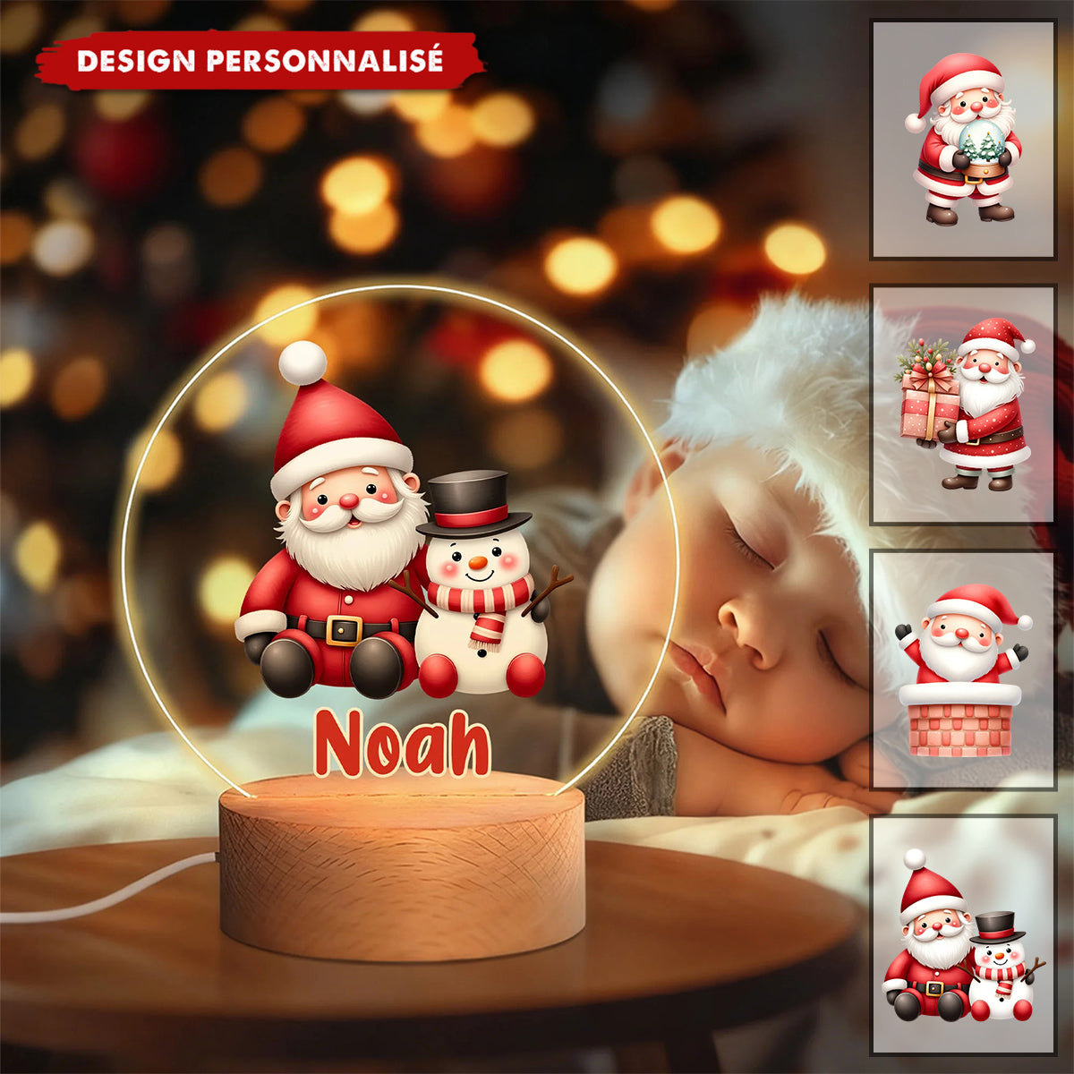 Lampe LED Personnalisée – Père Noël et Cadeaux de Noël avec Prénom