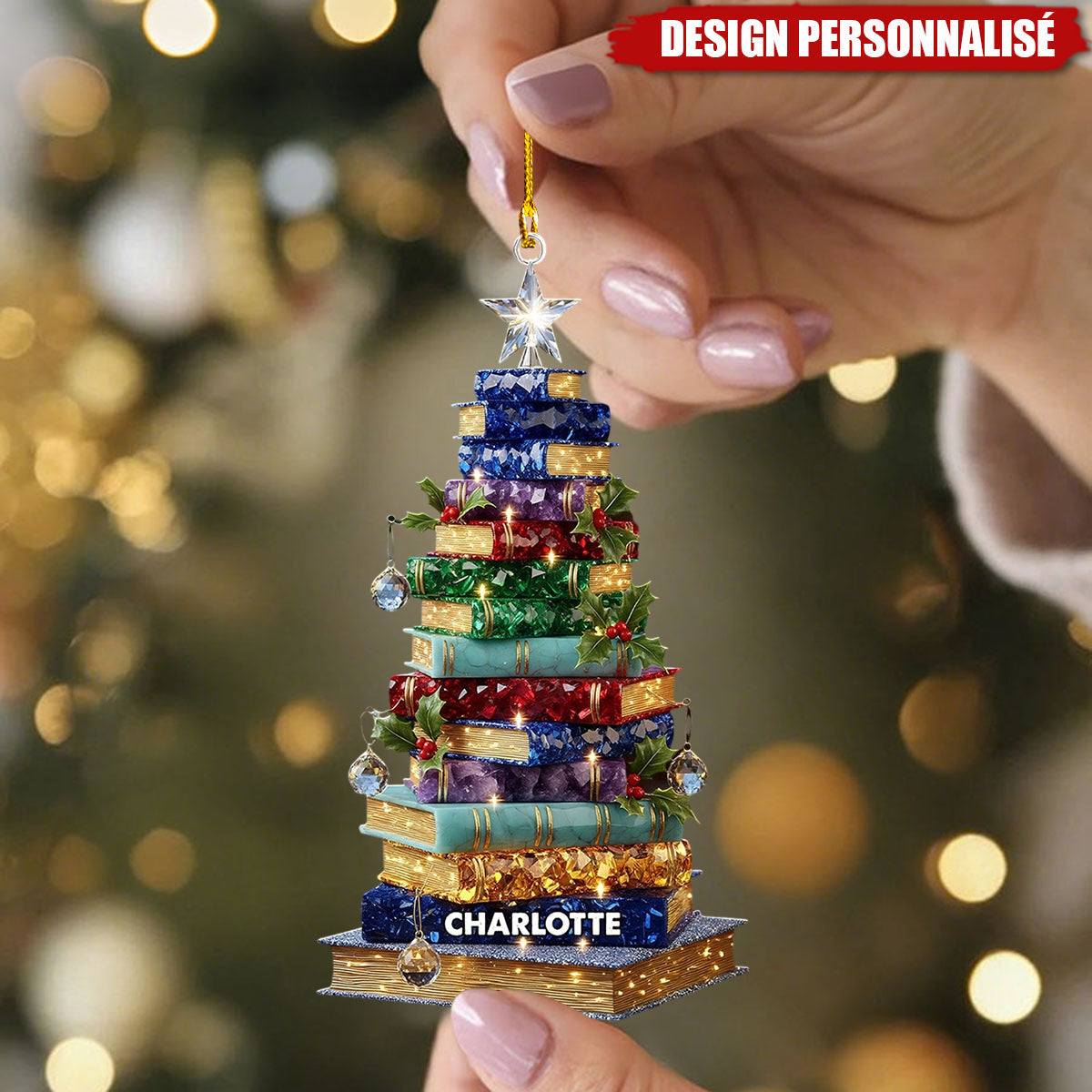 Ornement de Noël Personnalisée en Forme de Sapin de Livres - Cadeau pour Amateur de Lecture