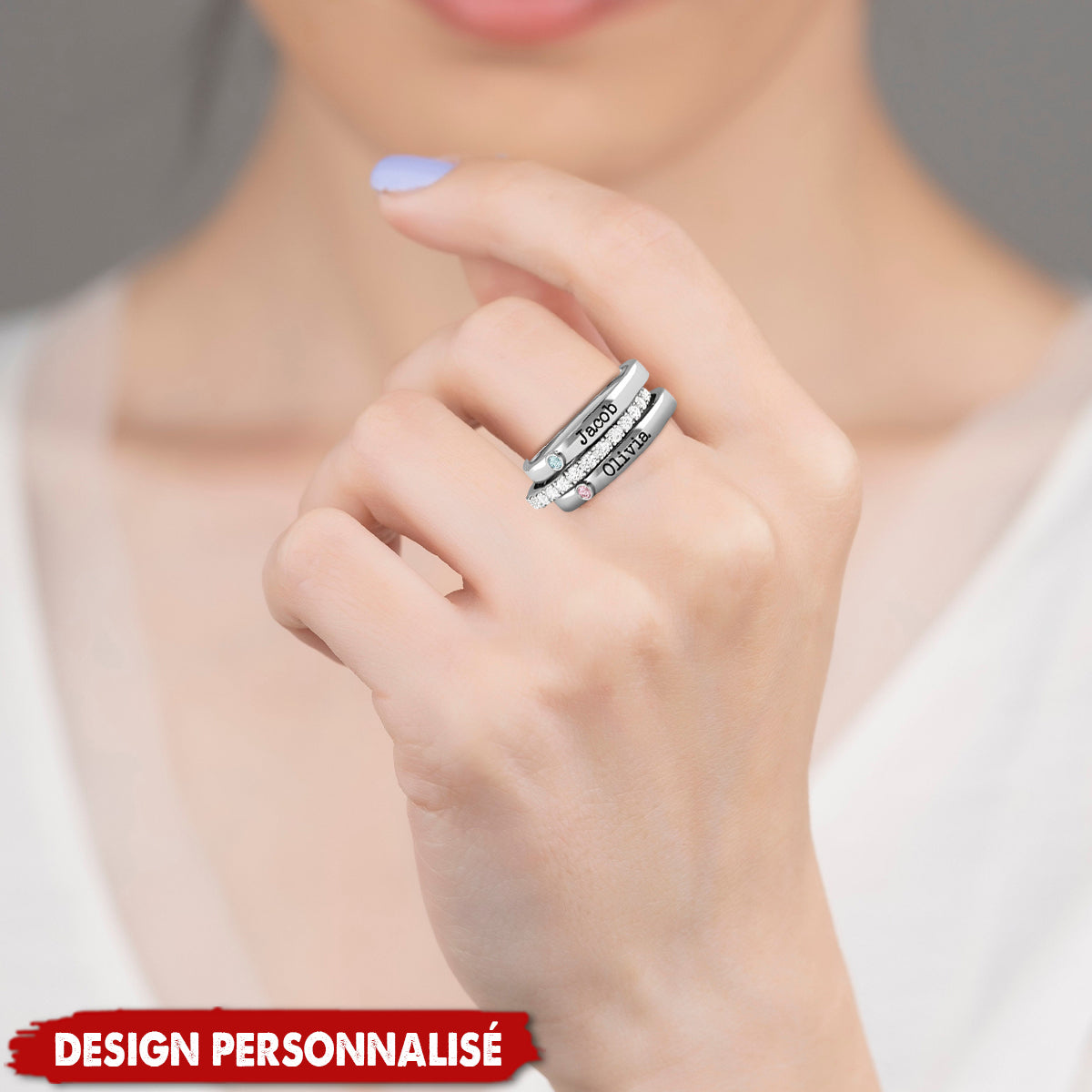 Bague Couple Personnalisée avec Noms et Pierres de Naissance