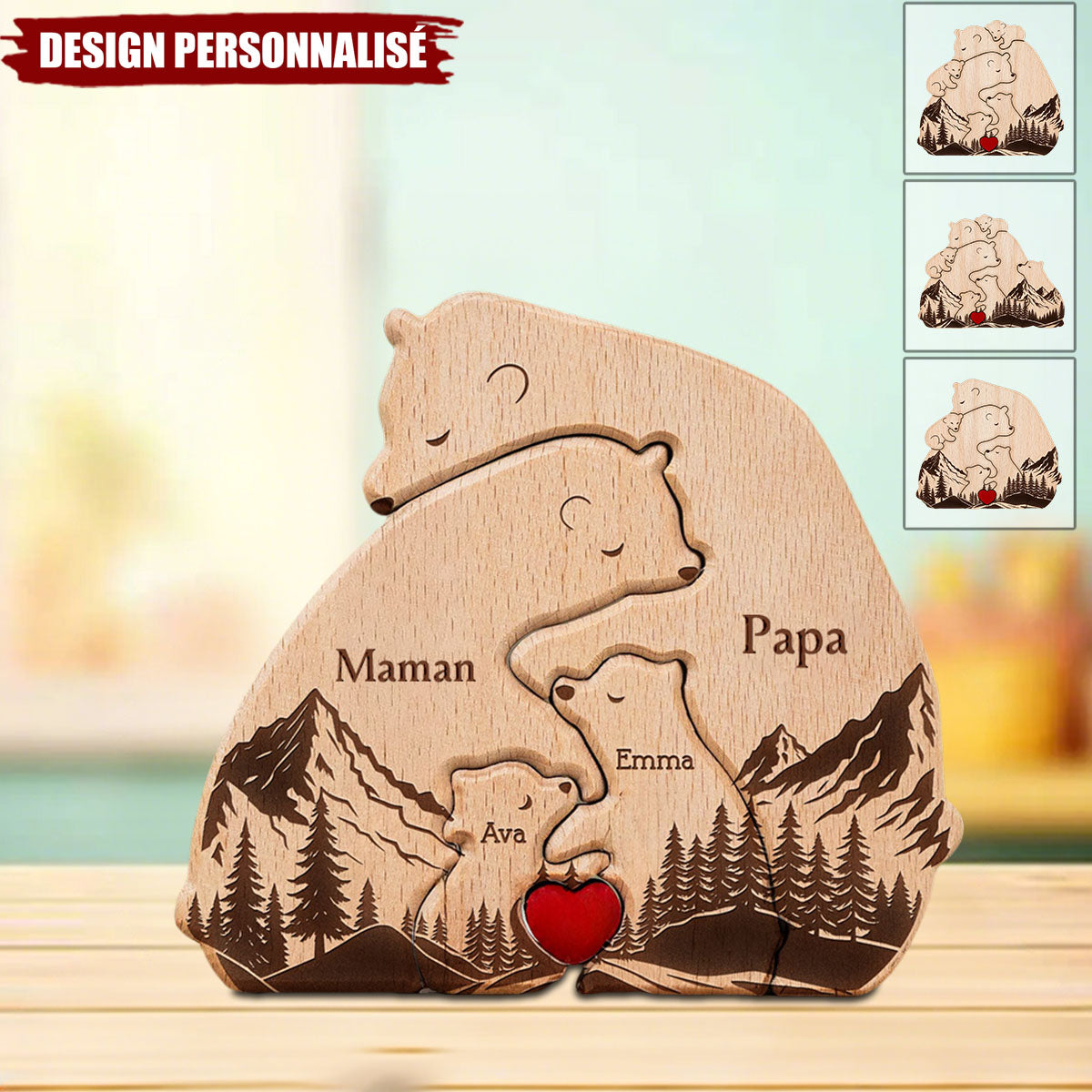 Nouvelle Version de la Famille d'Ours Enlacés – Puzzle en Bois Personnalisé de la Famille Ours