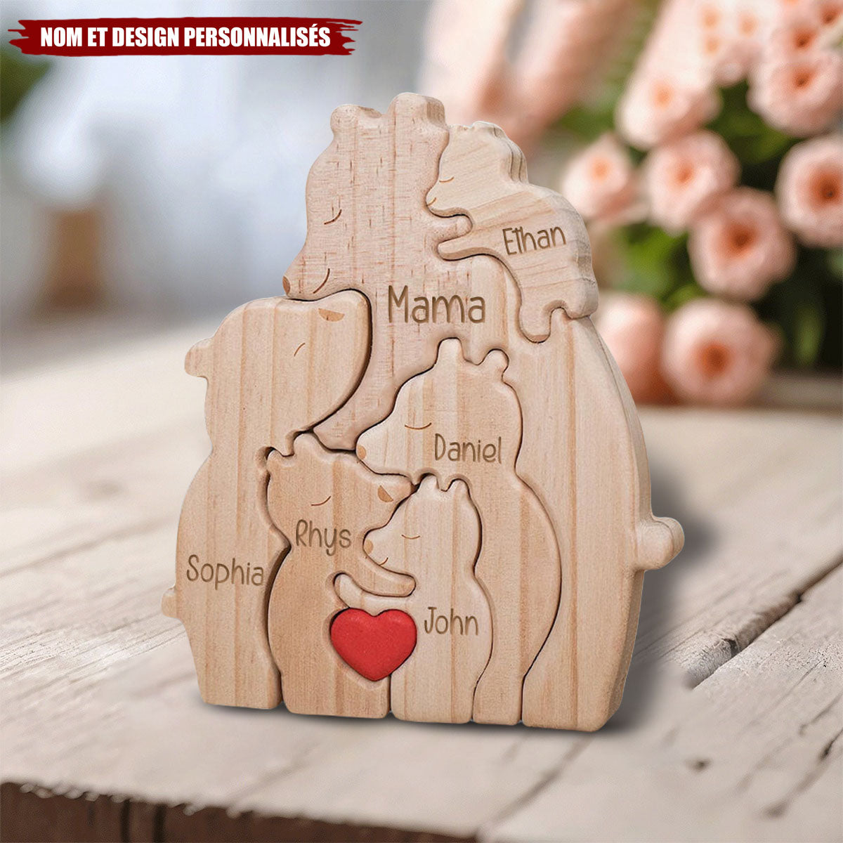 Puzzle Familial en Bois - Ours Personnalisé - Cadeau Fête des Mères