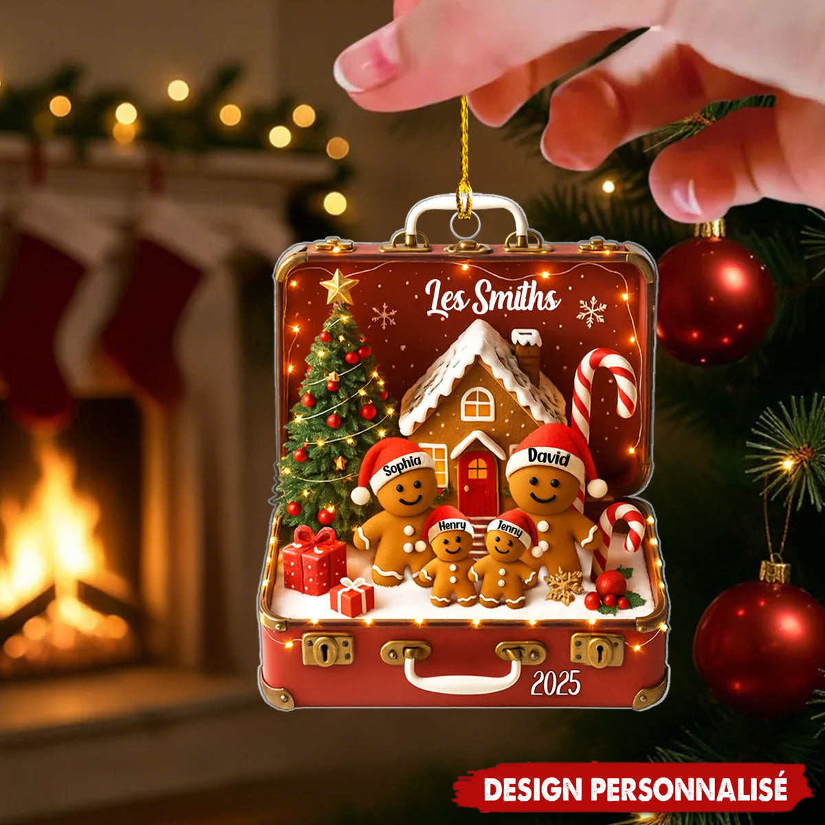 Ornement de Noël en Acrylique Personnalisé – Valise Vintage Famille Pain d’Épice
