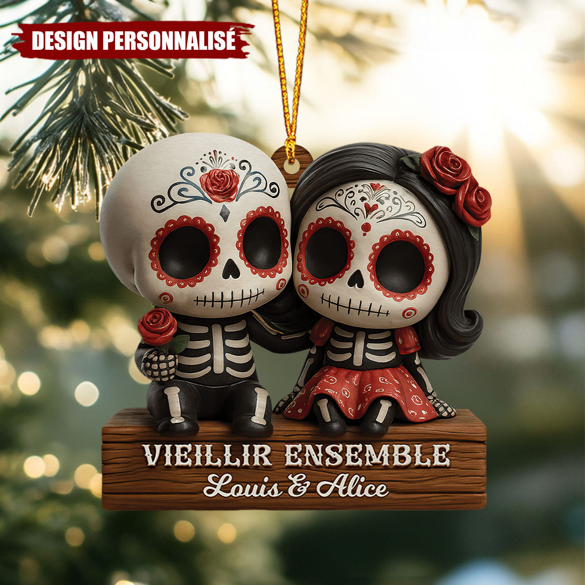 Ornement Couple Calavera Personnalisé  – Cadeau avec Noms et Année