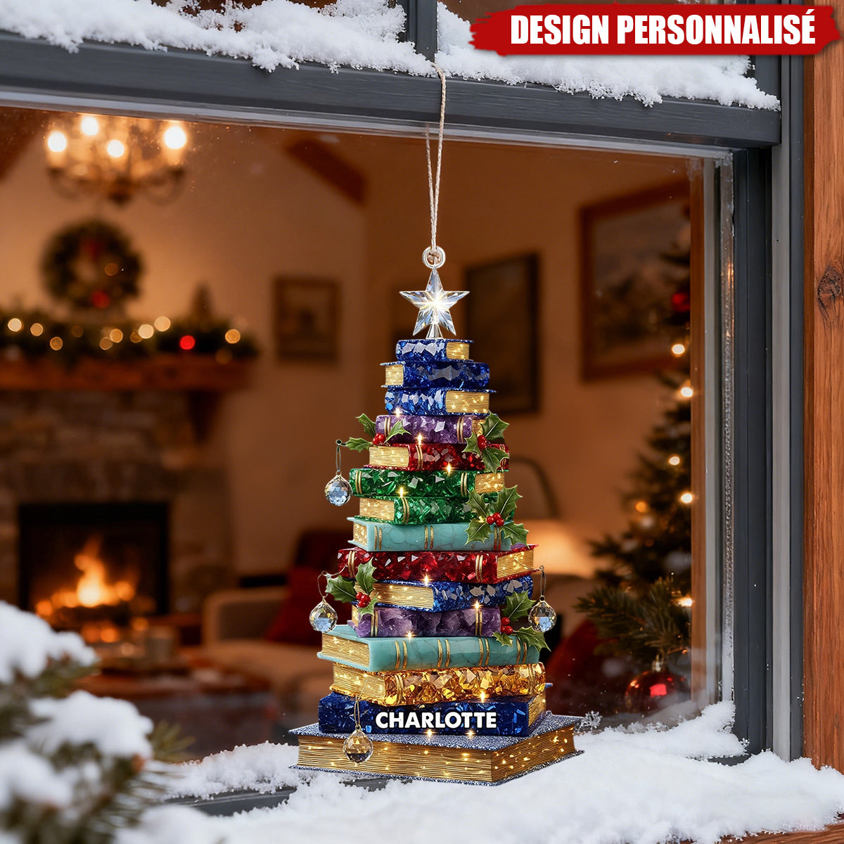Ornement de Noël Personnalisée en Forme de Sapin de Livres - Cadeau pour Amateur de Lecture