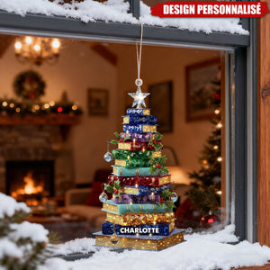 Ornement de Noël Personnalisée en Forme de Sapin de Livres - Cadeau pour Amateur de Lecture