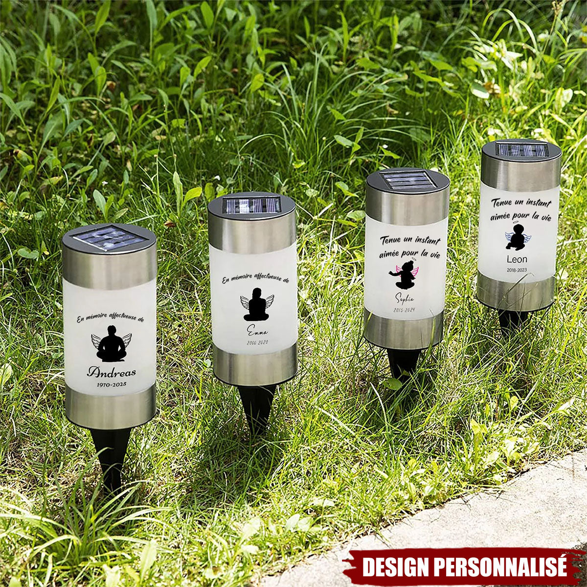 Lampe Solaire de Jardin Personnalisée – Cadeau commémoratif familial avec nom et silhouette