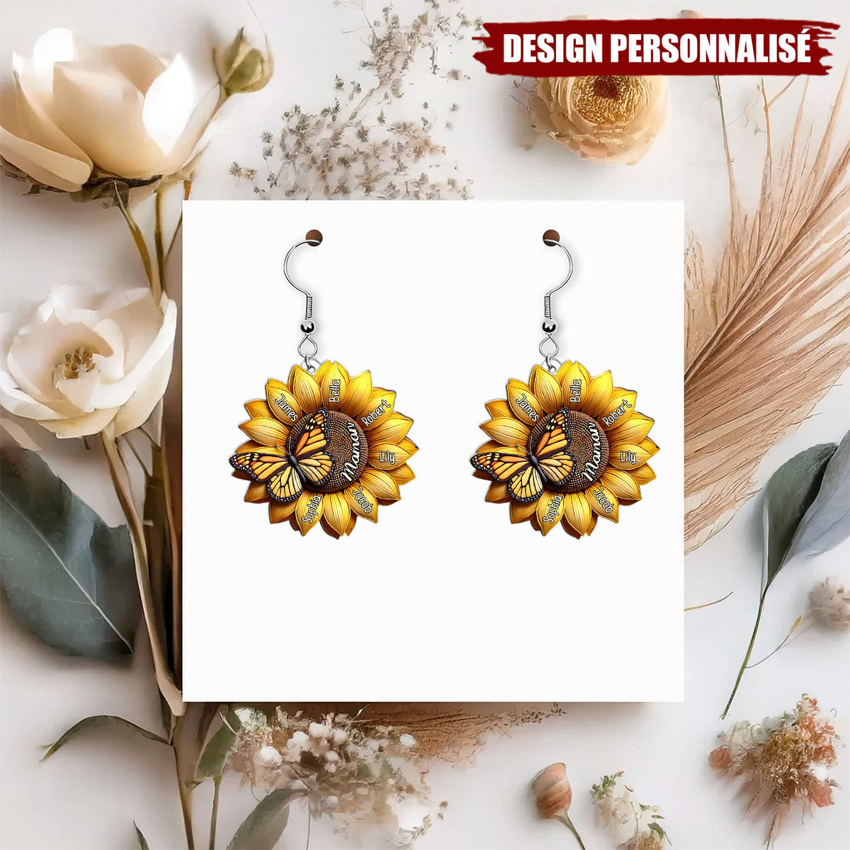 Boucles d’oreilles personnalisées Tournesol – Cadeau Unique pour Maman
