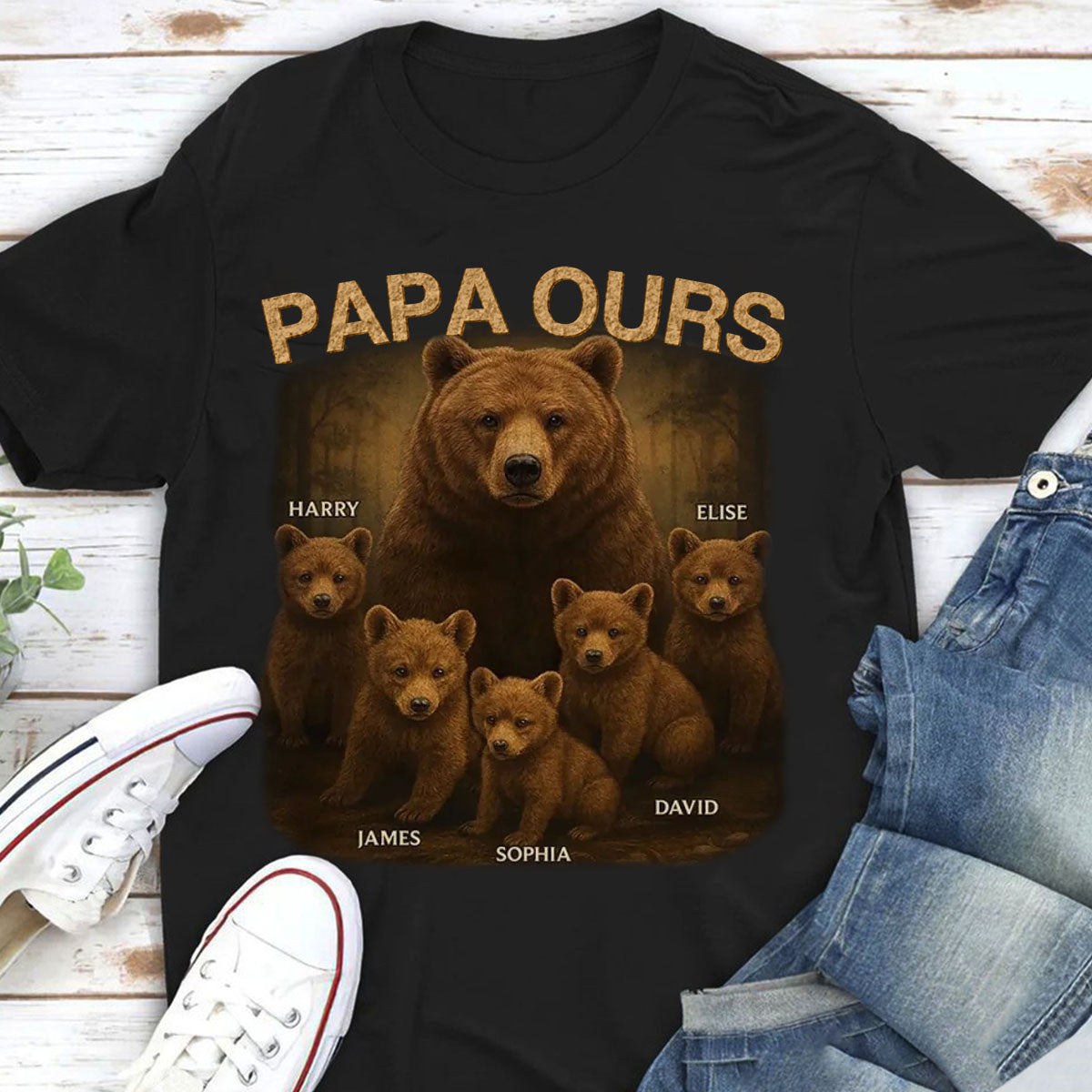 T-shirt personnalisé Papa Ours – Cadeau adorable pour papa avec noms des enfants