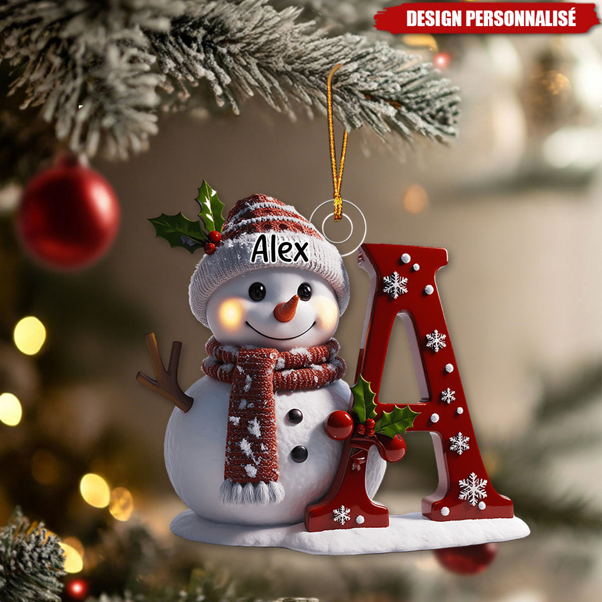 Ornement Bonhomme de Neige Personnalisé avec Initiale – Décoration de Noël Unique