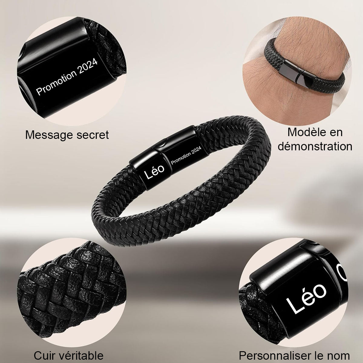 Bracelet en Cuir Personnalisé pour Homme – Cadeaux pour la fête des pères, un anniversaire ou une remise de diplôme